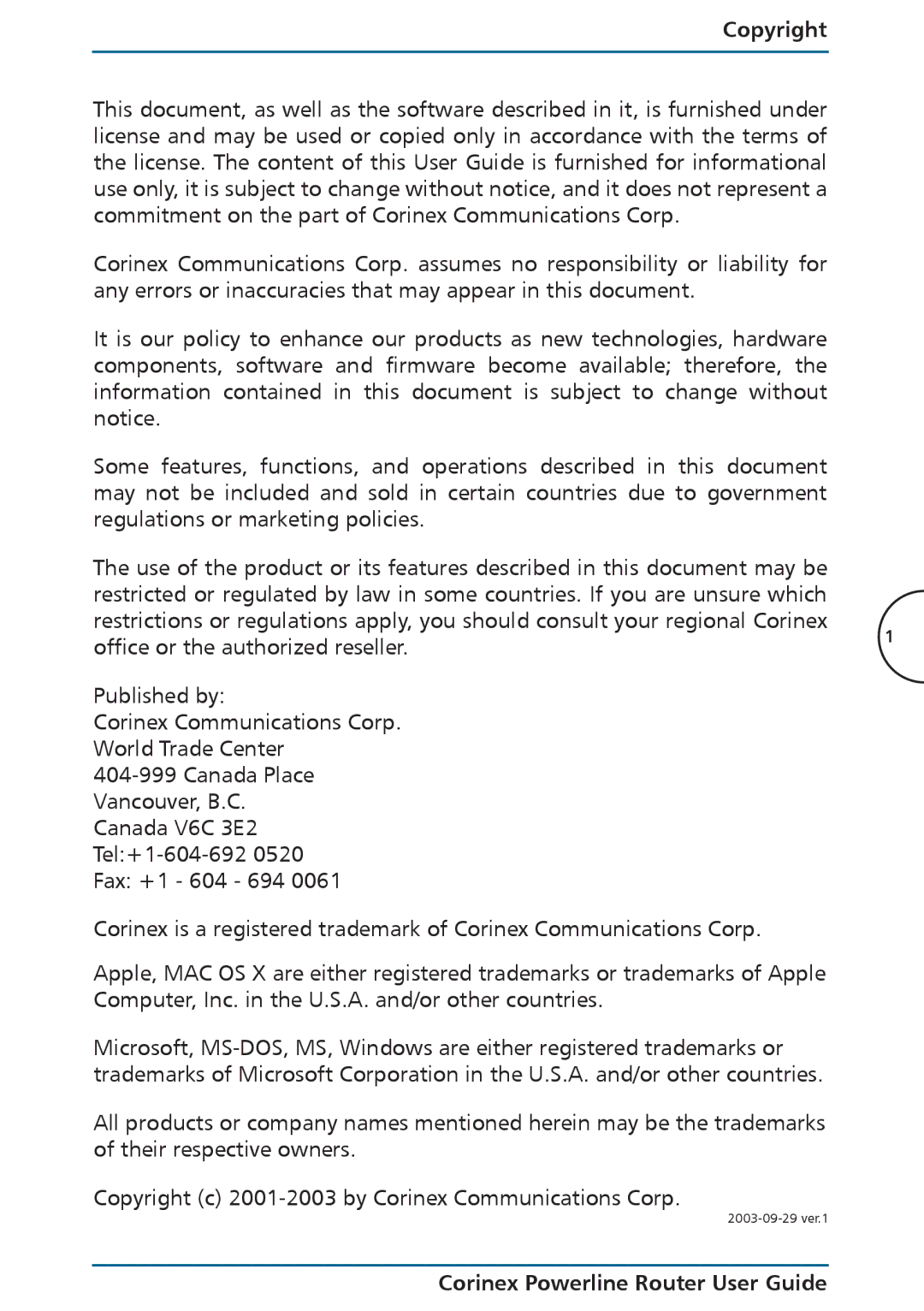 Corinex Global manual Copyright, Corinex Powerline Router User Guide 