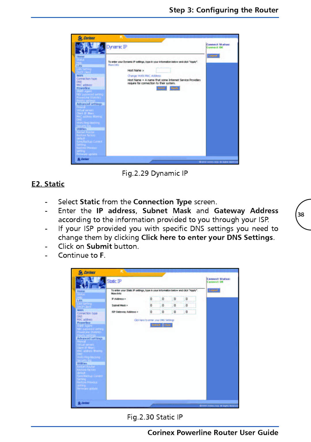 Corinex Global Powerline Router manual E2. Static, Enter the IP address , Subnet Mask and Gateway Address 