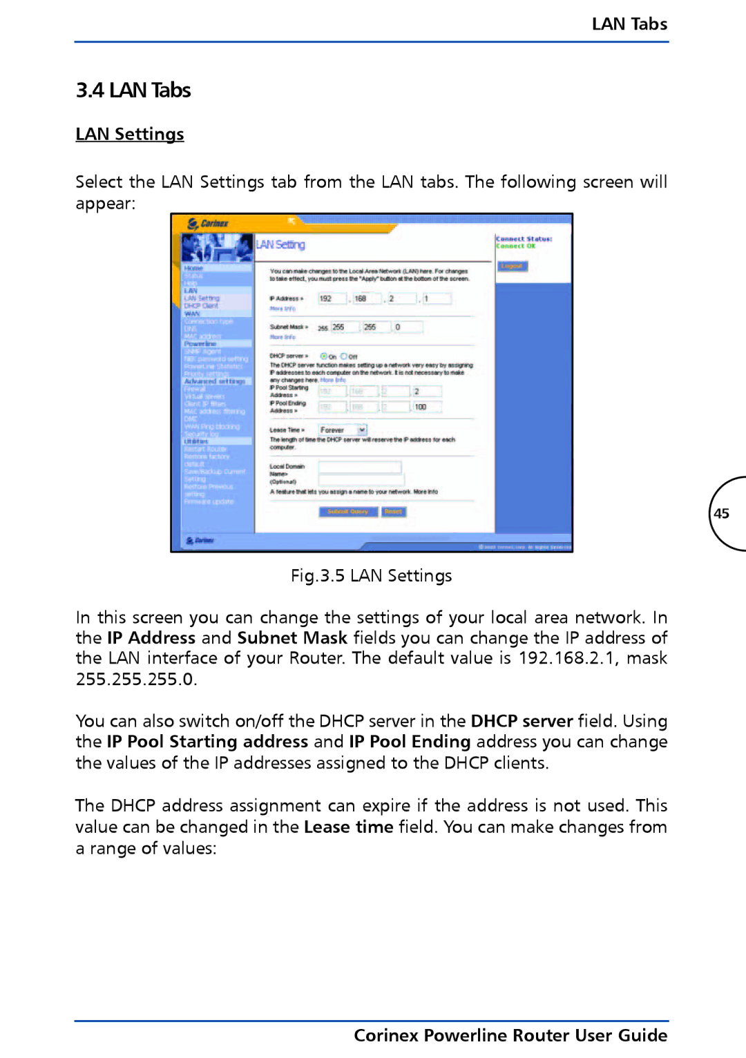 Corinex Global Powerline Router manual LAN Tabs, LAN Settings 