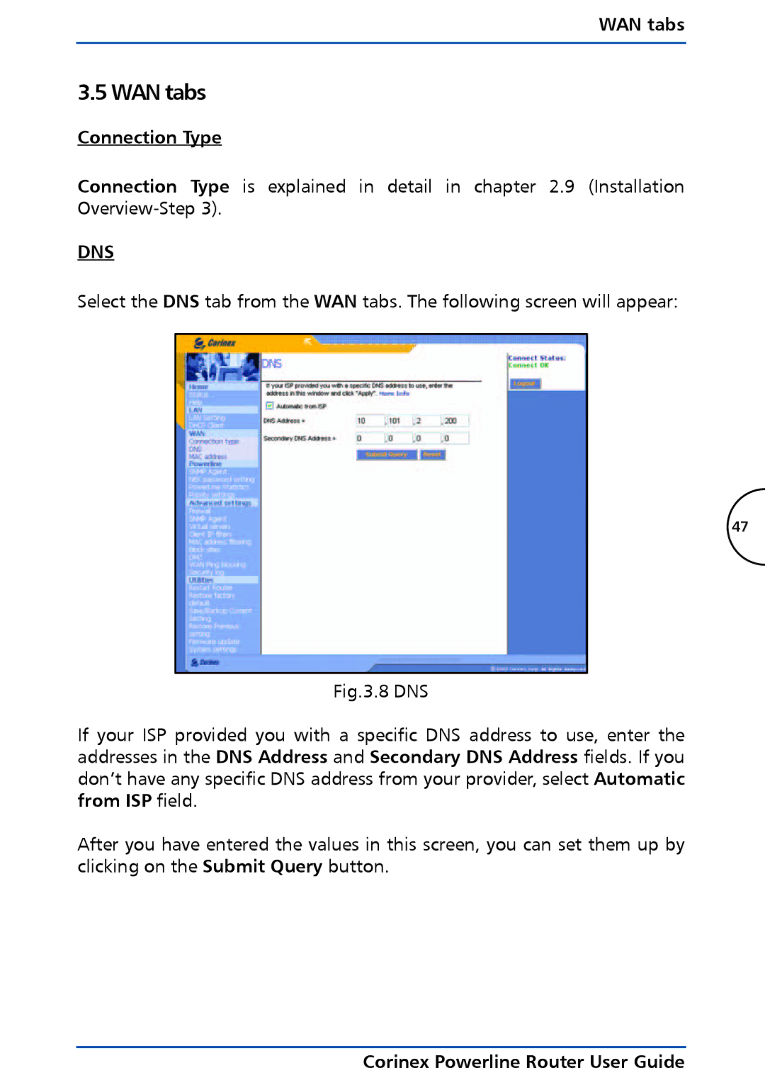 Corinex Global Powerline Router manual WAN tabs, Connection Type 