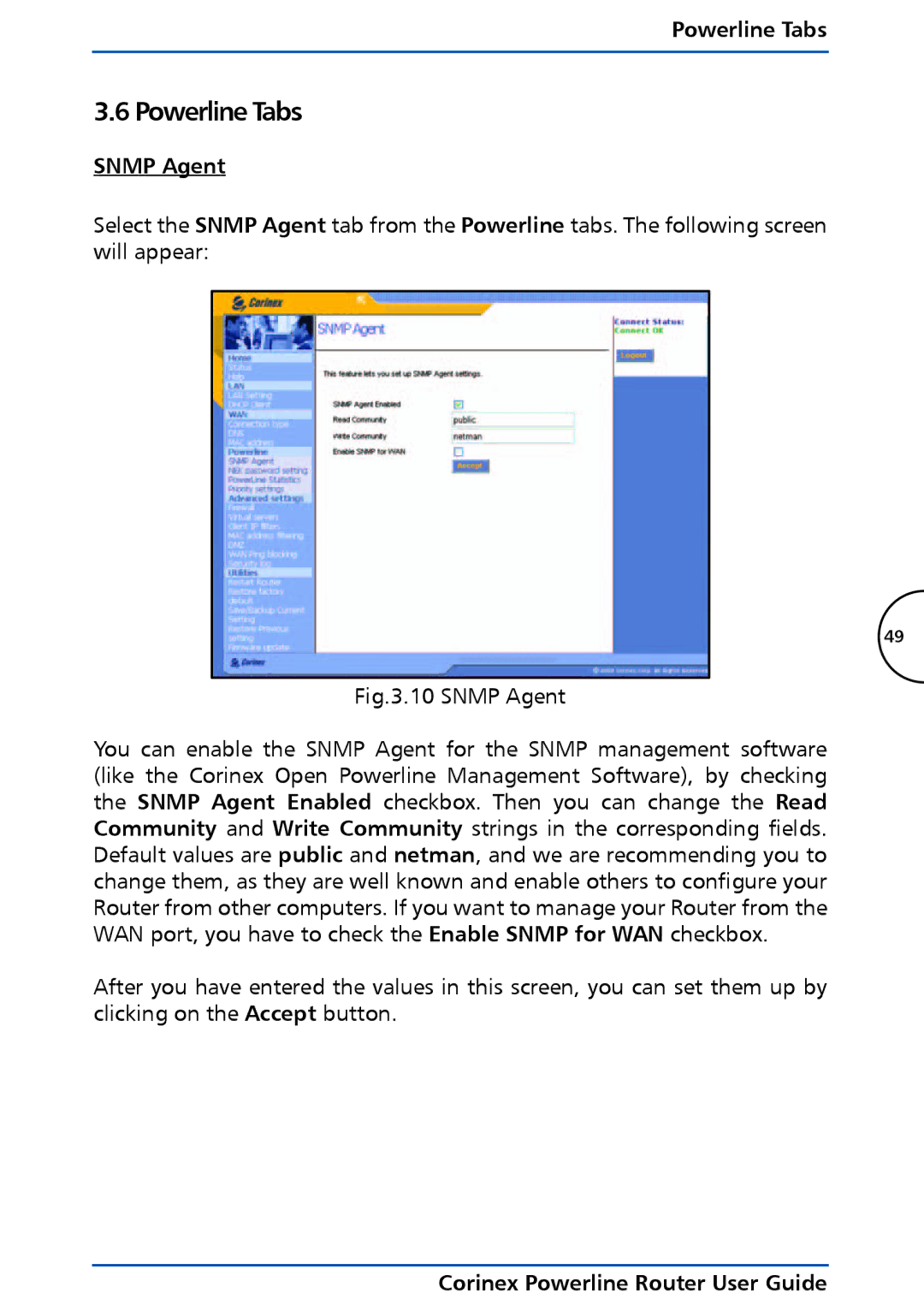 Corinex Global Powerline Router manual Powerline Tabs, Snmp Agent 