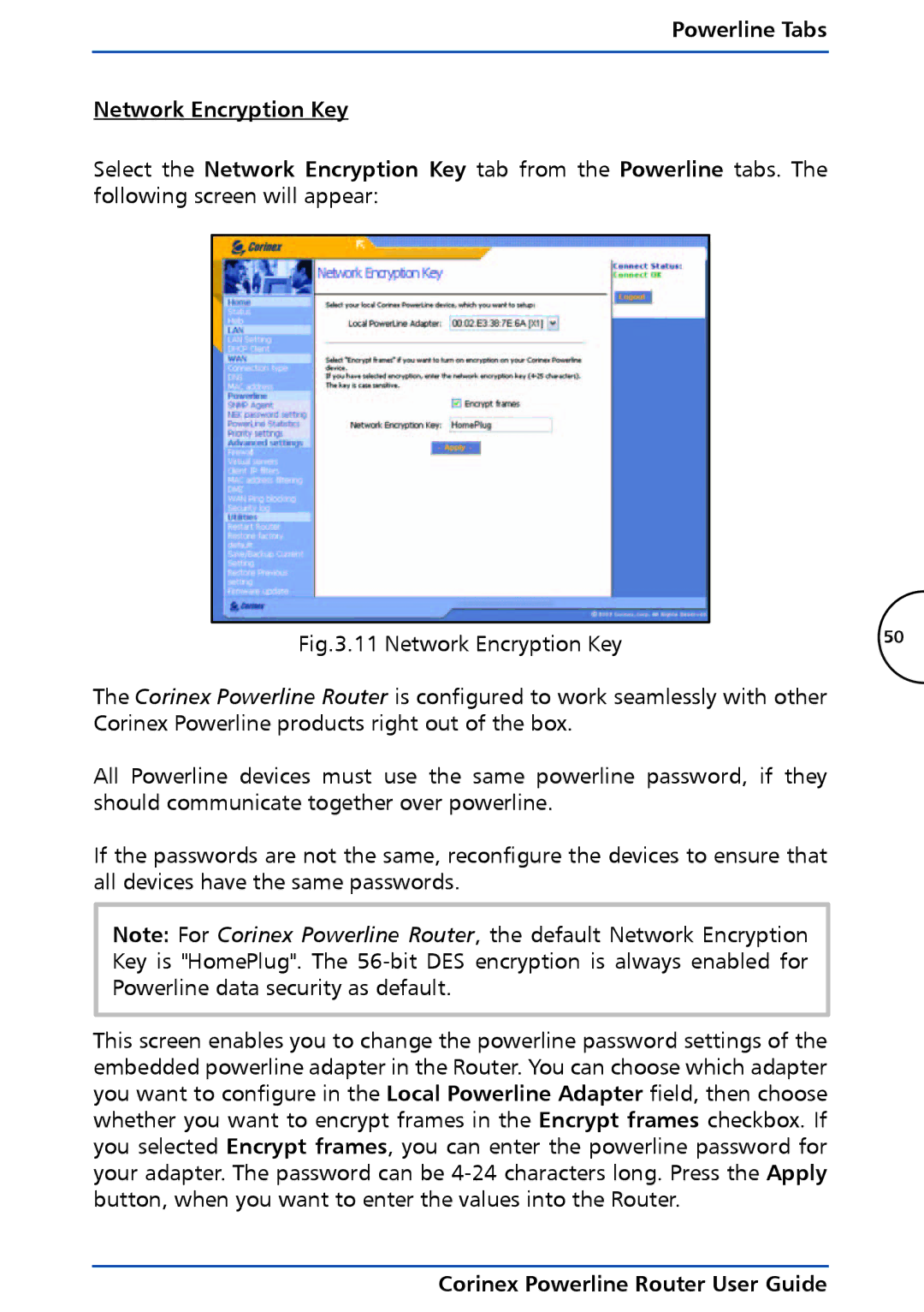 Corinex Global Powerline Router manual Powerline Tabs Network Encryption Key 