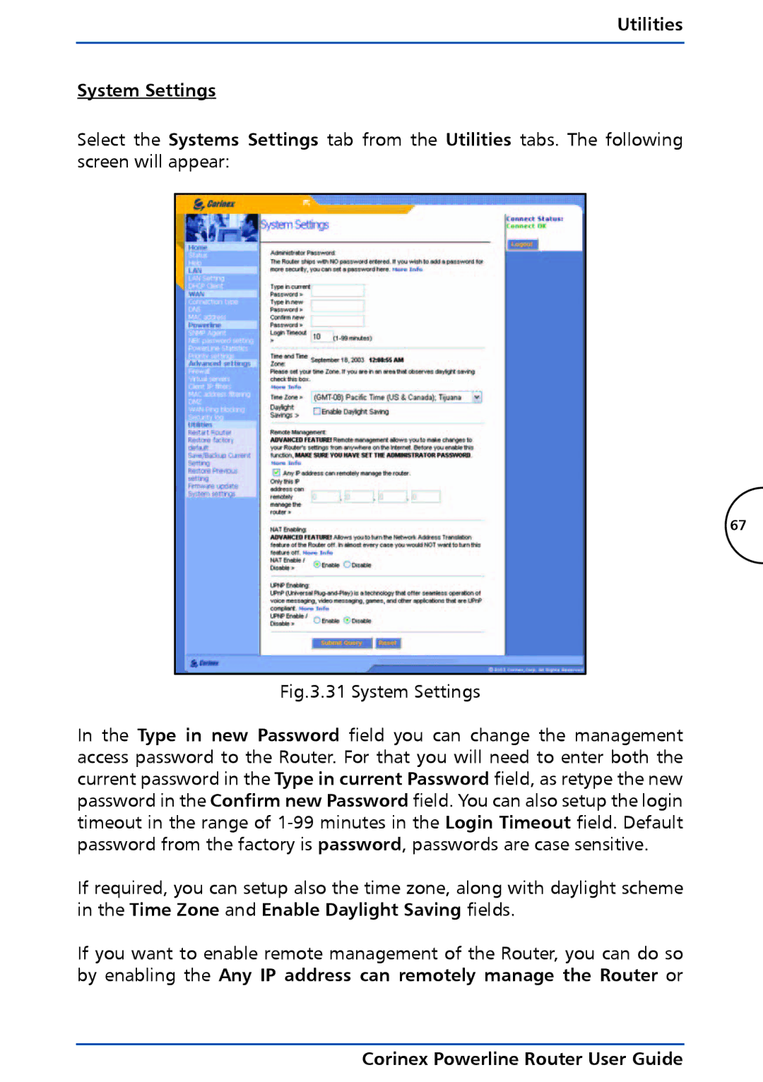 Corinex Global Powerline Router manual Utilities System Settings 