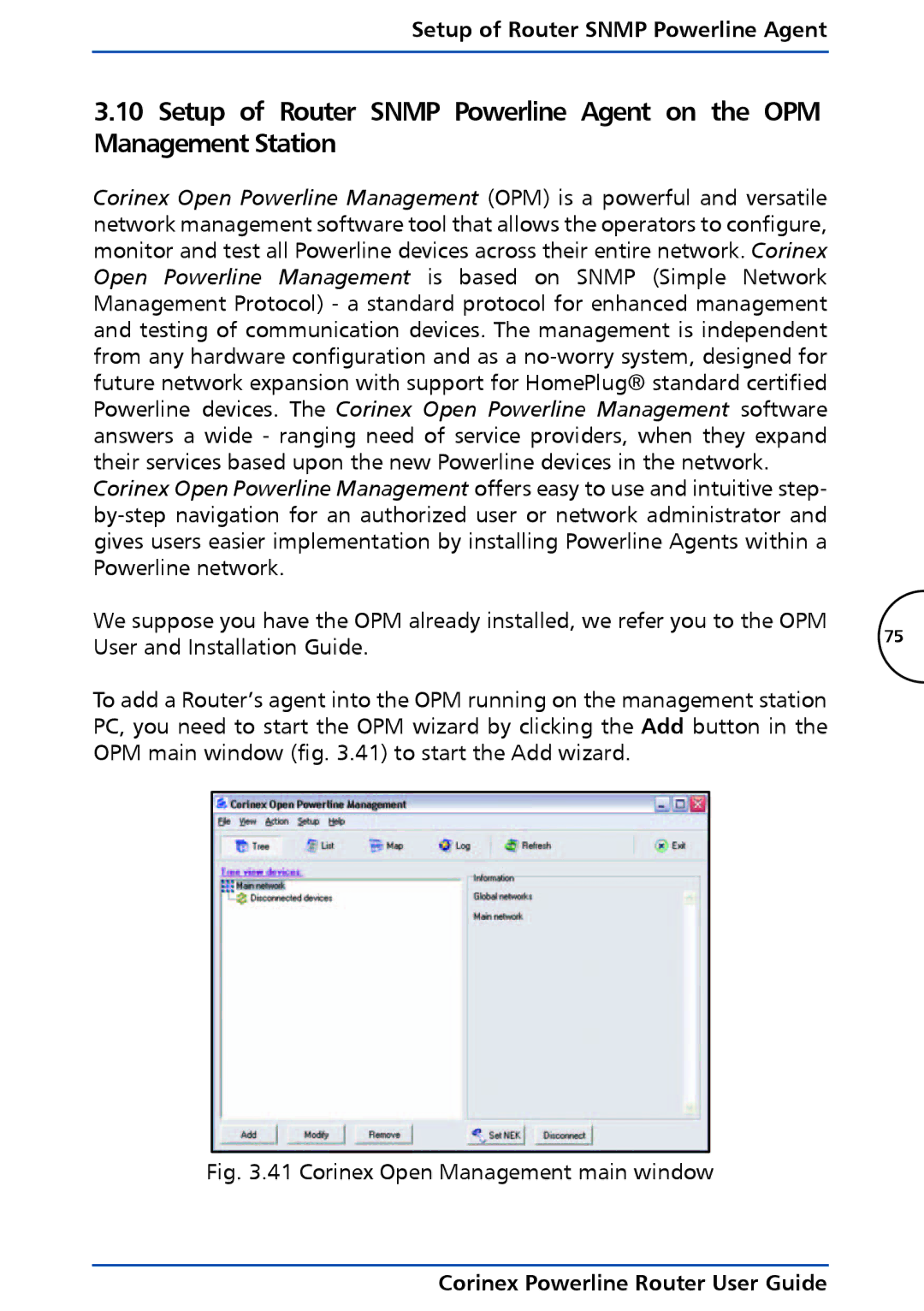 Corinex Global Powerline Router manual Setup of Router Snmp Powerline Agent, Corinex Open Management main window 