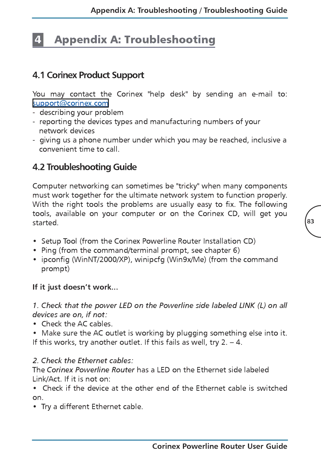 Corinex Global Powerline Router manual Corinex Product Support, Troubleshooting Guide, If it just doesn’t work 