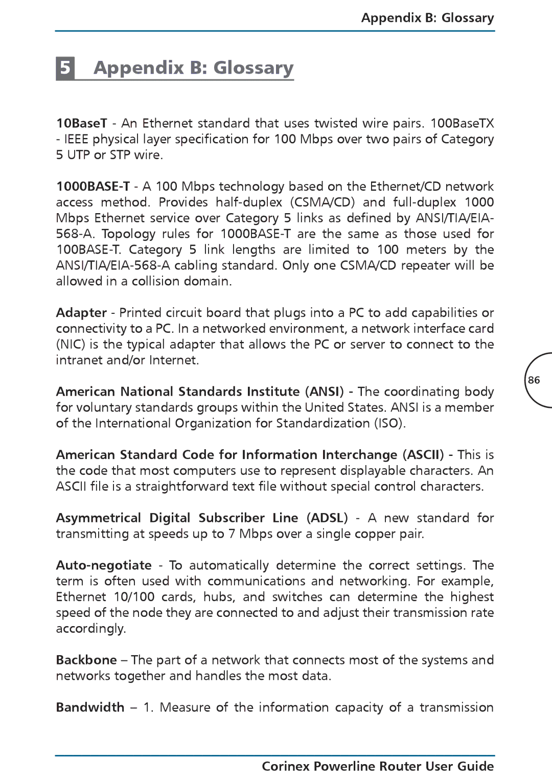 Corinex Global Powerline Router manual Appendix B Glossary 