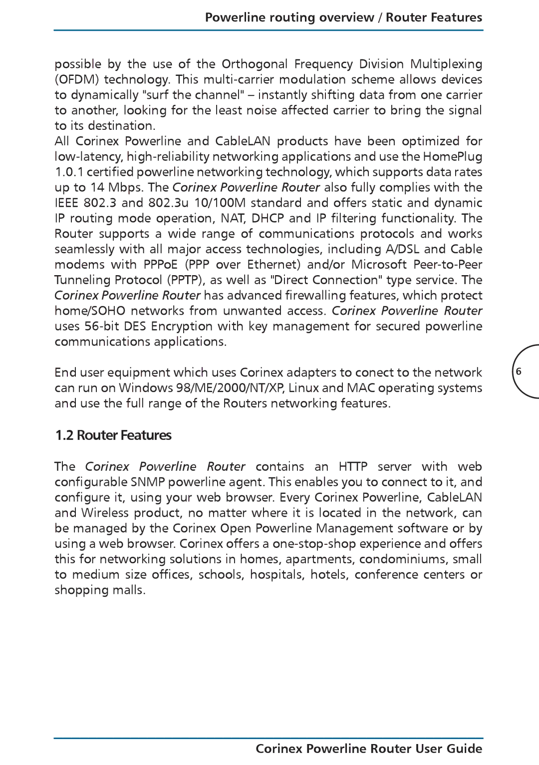 Corinex Global Powerline Router manual Powerline routing overview / Router Features 