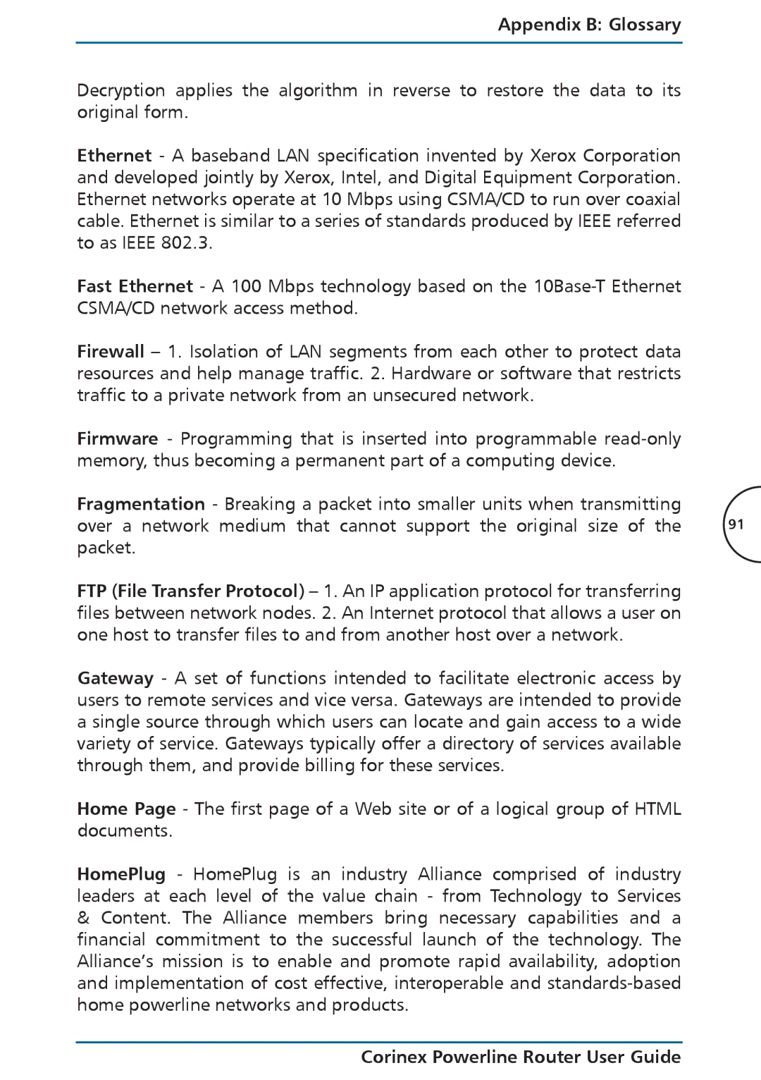 Corinex Global Powerline Router manual Appendix B Glossary 