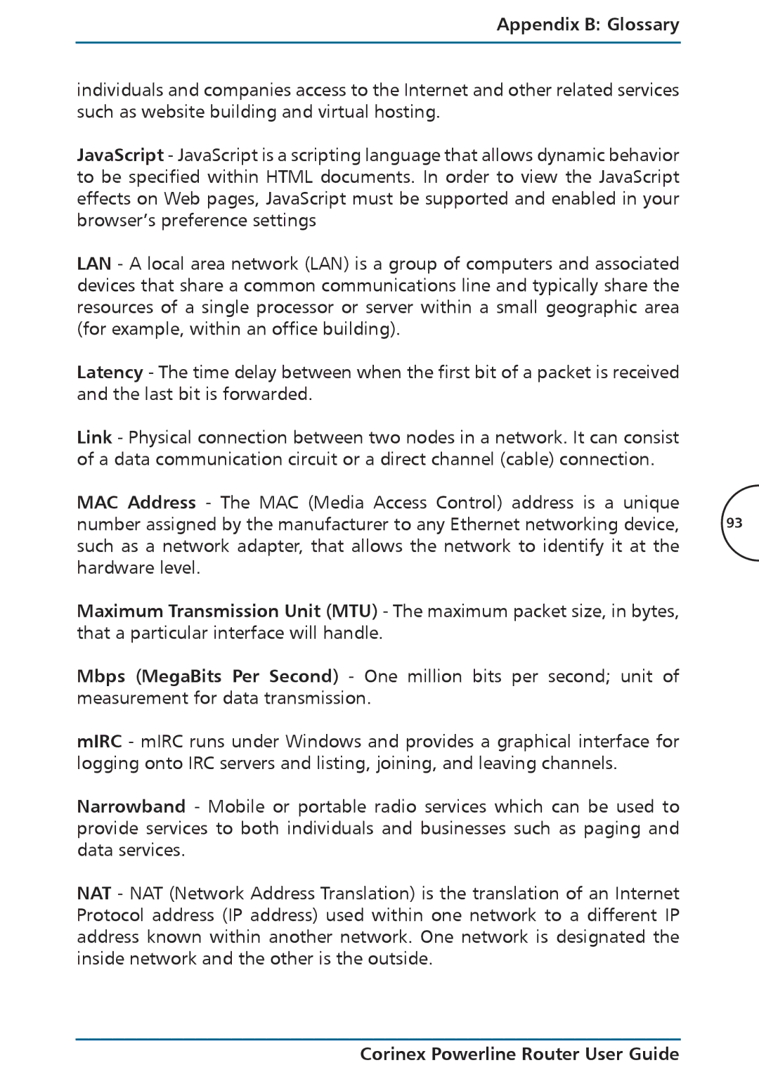 Corinex Global Powerline Router manual Appendix B Glossary 