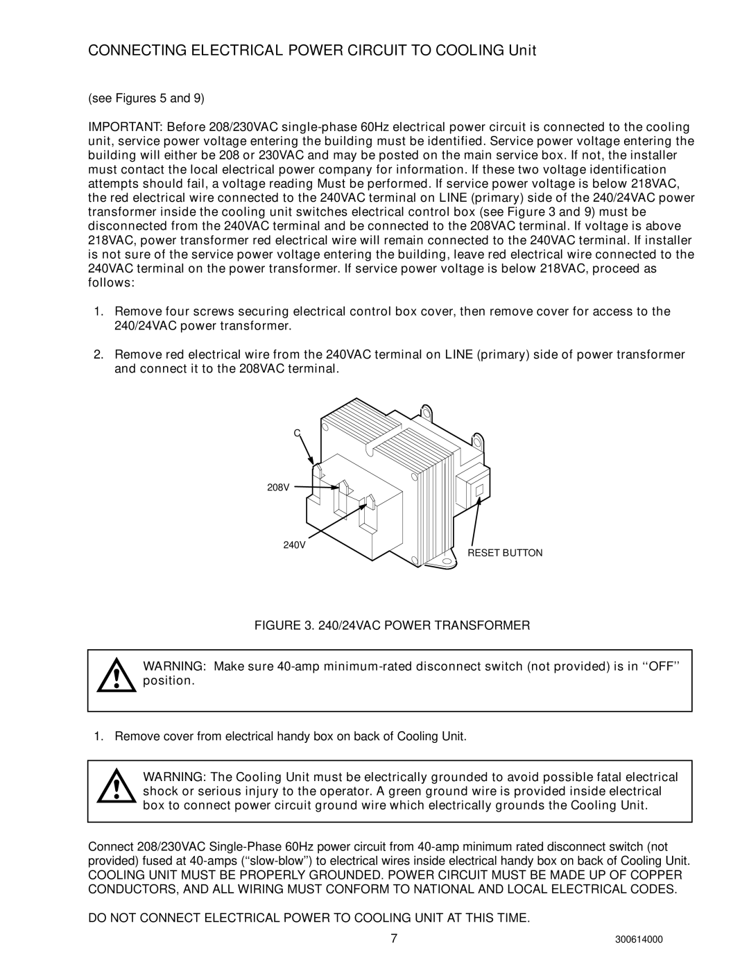 Cornelius 000 PLUS, 10 installation manual Connecting Electrical Power Circuit to Cooling Unit 