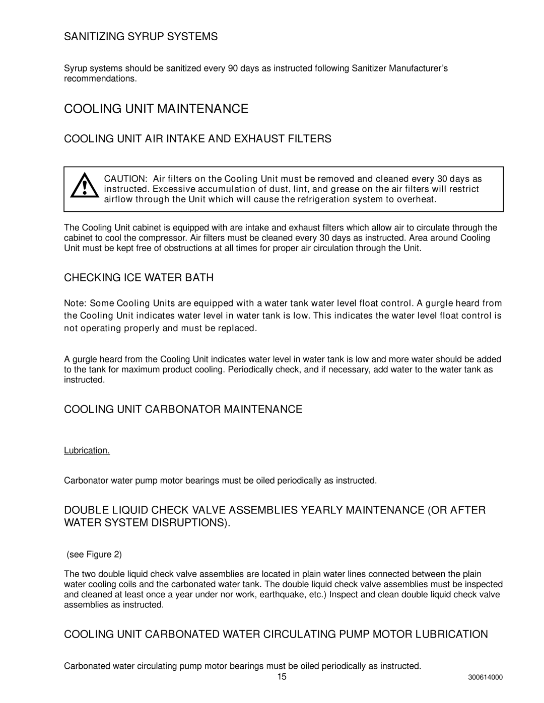 Cornelius 000 PLUS, 10 Cooling Unit Maintenance, Sanitizing Syrup Systems, Cooling Unit AIR Intake and Exhaust Filters 