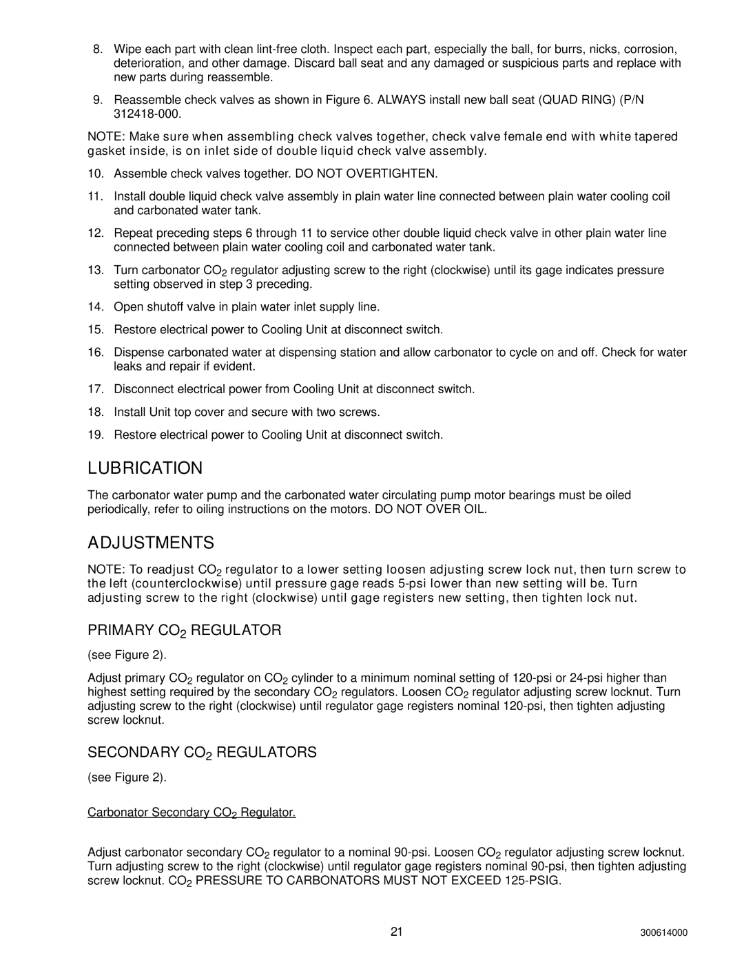 Cornelius 000 PLUS, 10 installation manual Lubrication, Primary CO2 Regulator, Secondary CO2 Regulators 