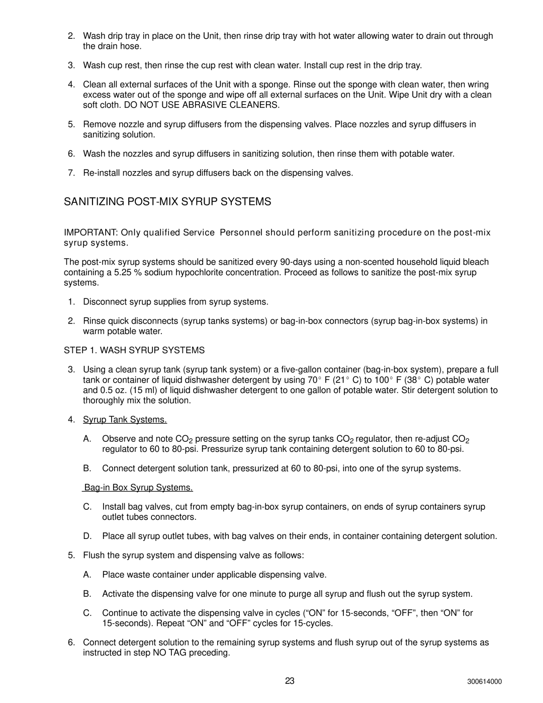 Cornelius 000 PLUS, 10 installation manual Sanitizing POST-MIX Syrup Systems, Wash Syrup Systems 