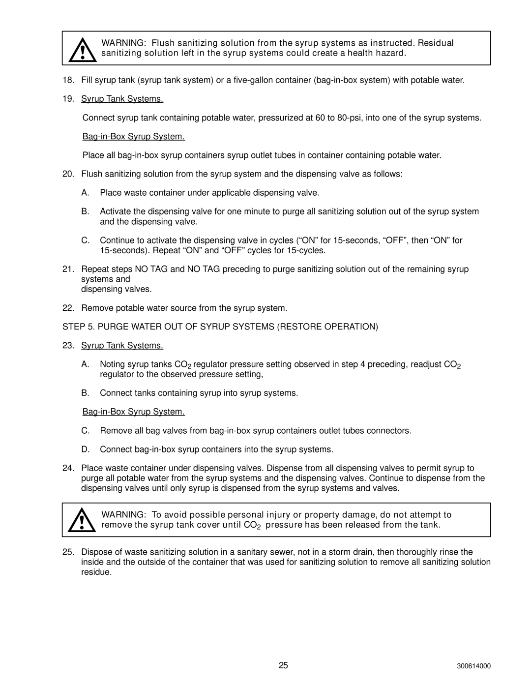 Cornelius 000 PLUS, 10 installation manual Purge Water OUT of Syrup Systems Restore Operation 