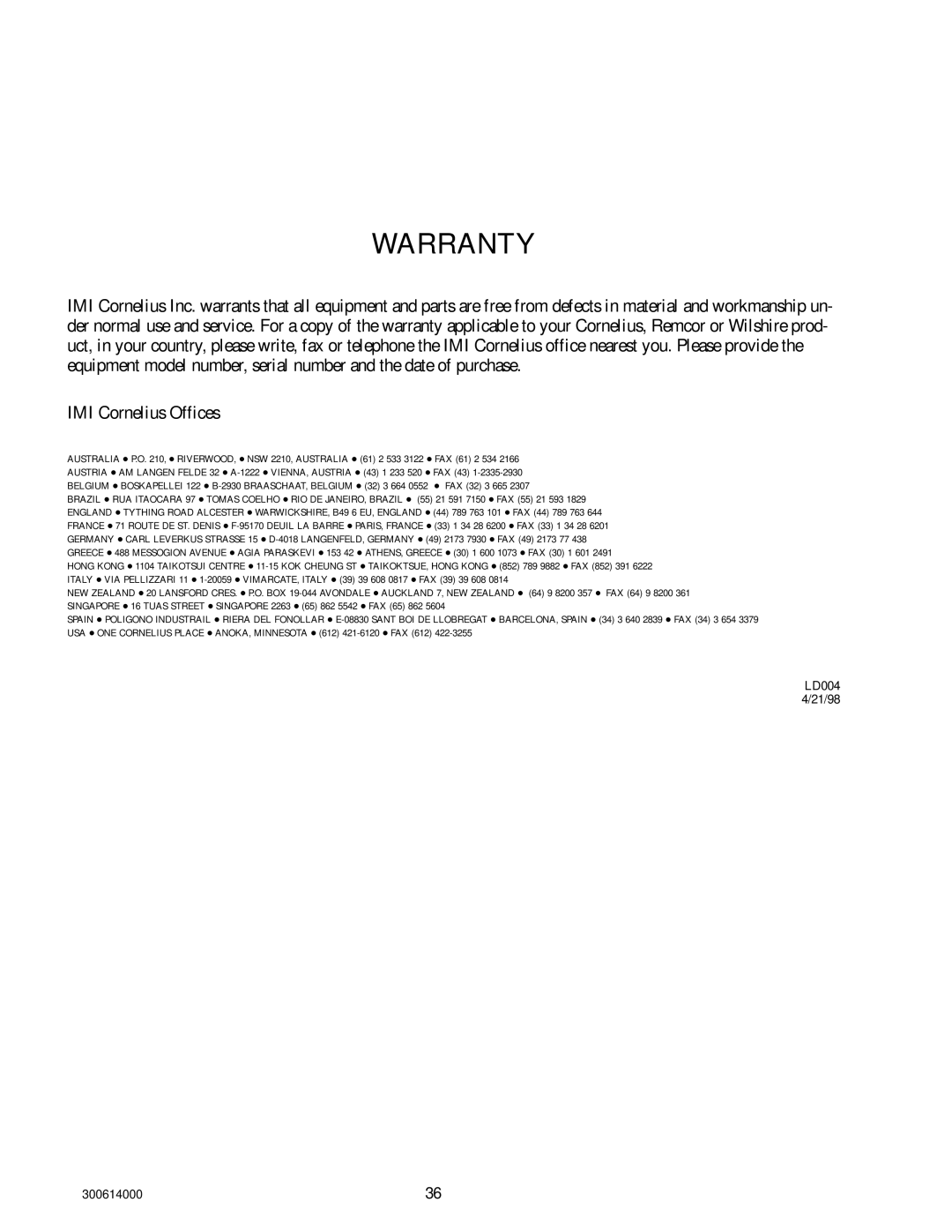 Cornelius 10, 000 PLUS installation manual Warranty 