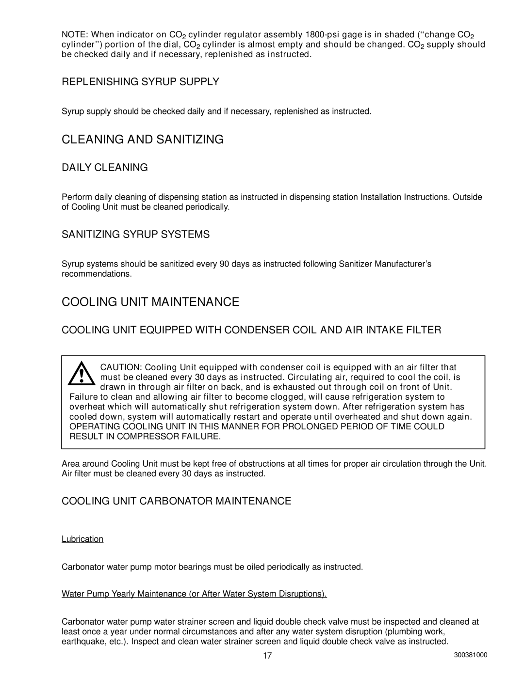 Cornelius 10, 000 installation manual Cleaning and Sanitizing, Cooling Unit Maintenance 