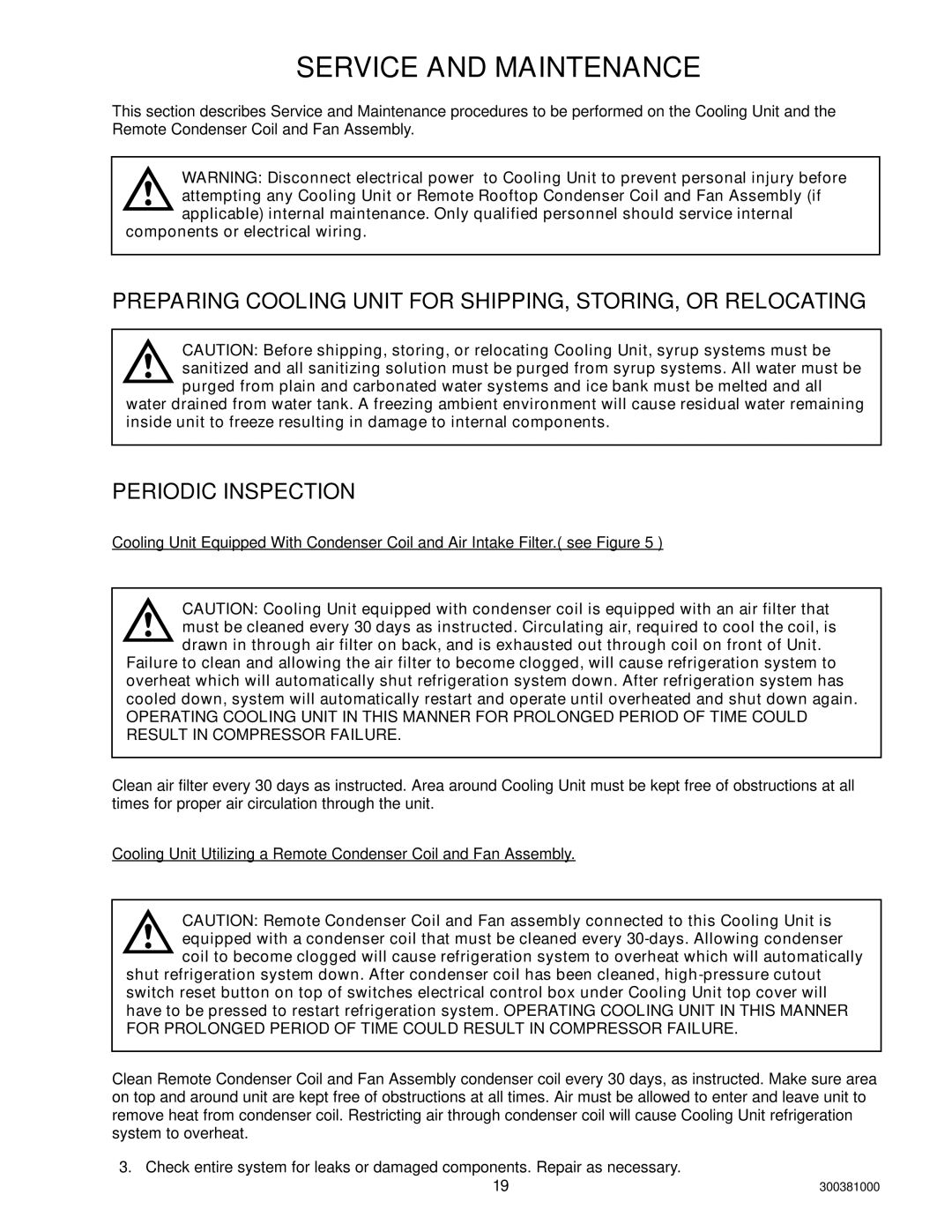 Cornelius 10, 000 installation manual Preparing Cooling Unit for SHIPPING, STORING, or Relocating, Periodic Inspection 