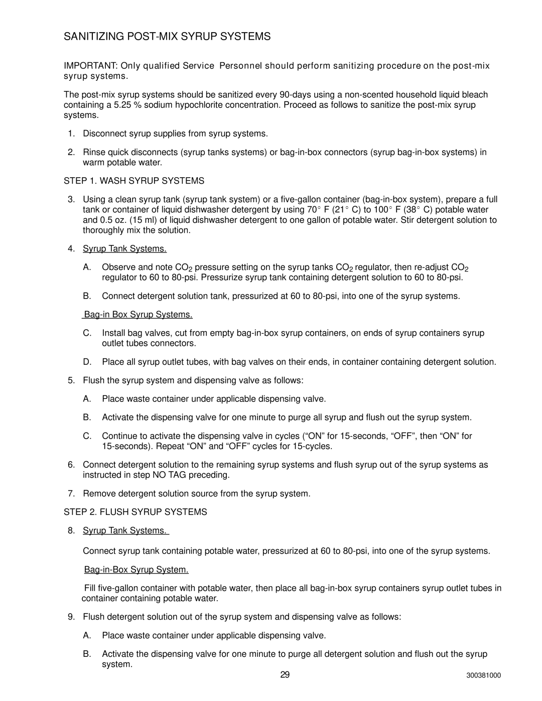 Cornelius 10, 000 installation manual Sanitizing POST-MIX Syrup Systems, Wash Syrup Systems, Flush Syrup Systems 