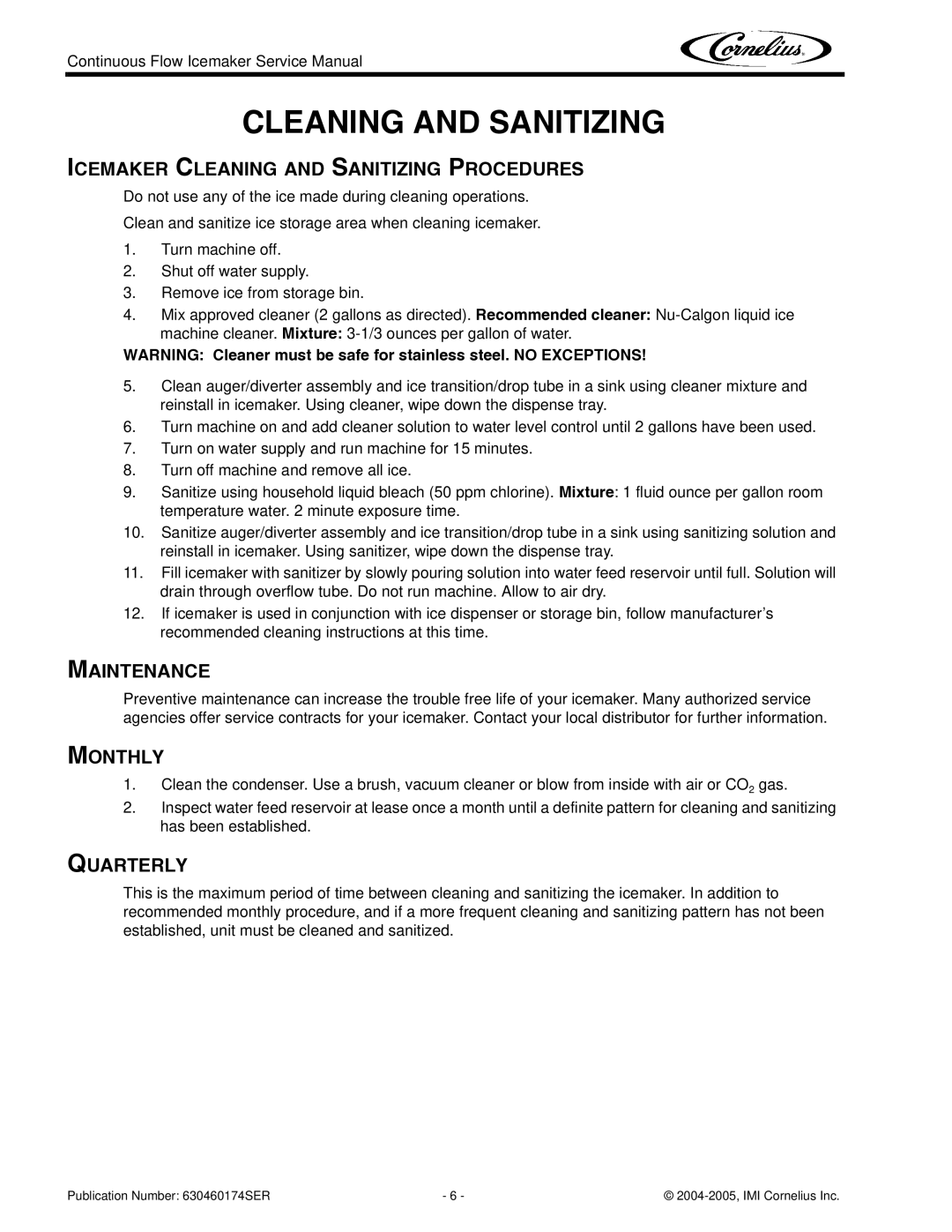 Cornelius 1000 service manual Icemaker Cleaning and Sanitizing Procedures, Maintenance, Monthly, Quarterly 