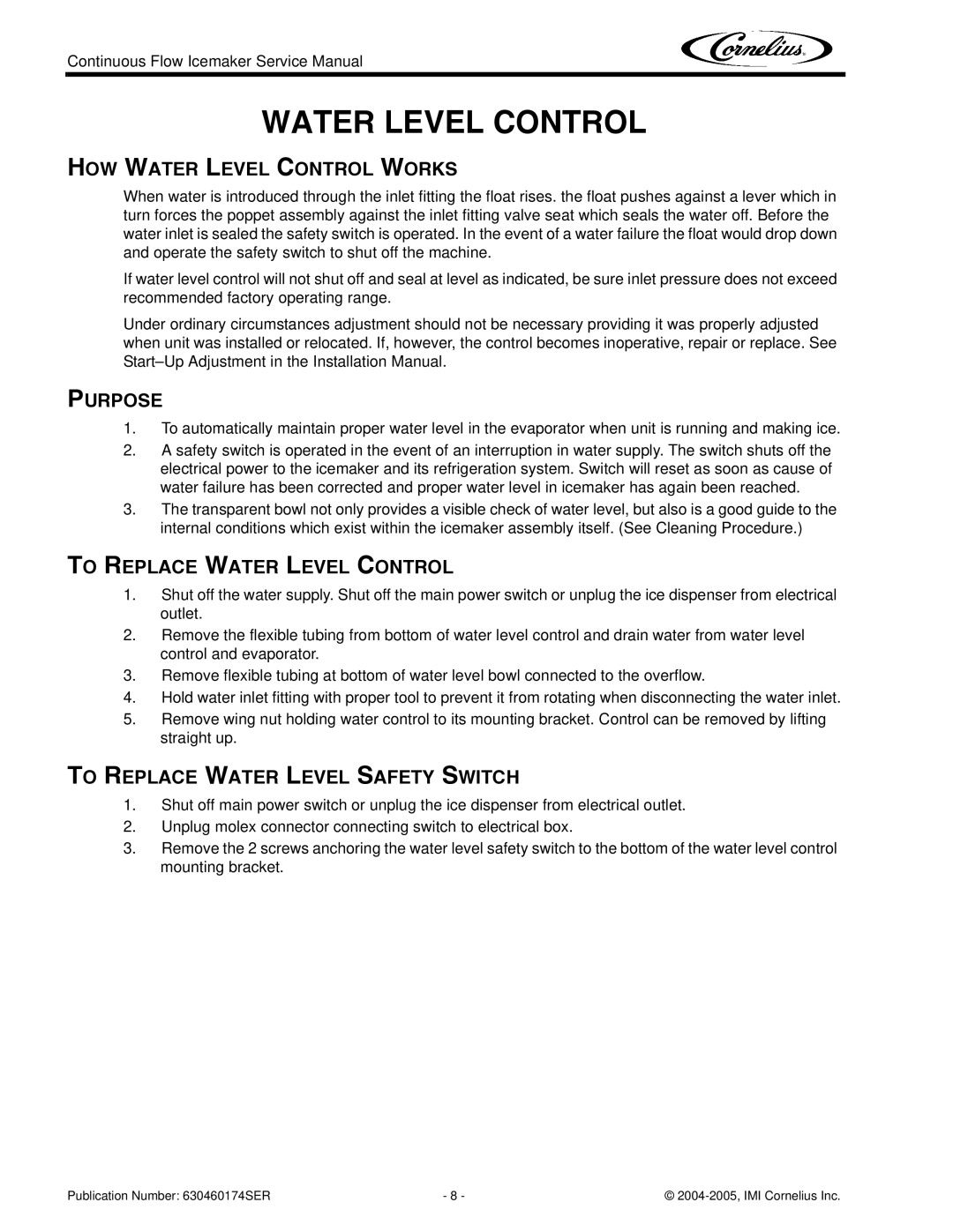 Cornelius 1000 service manual HOW Water Level Control Works, Purpose, To Replace Water Level Control 