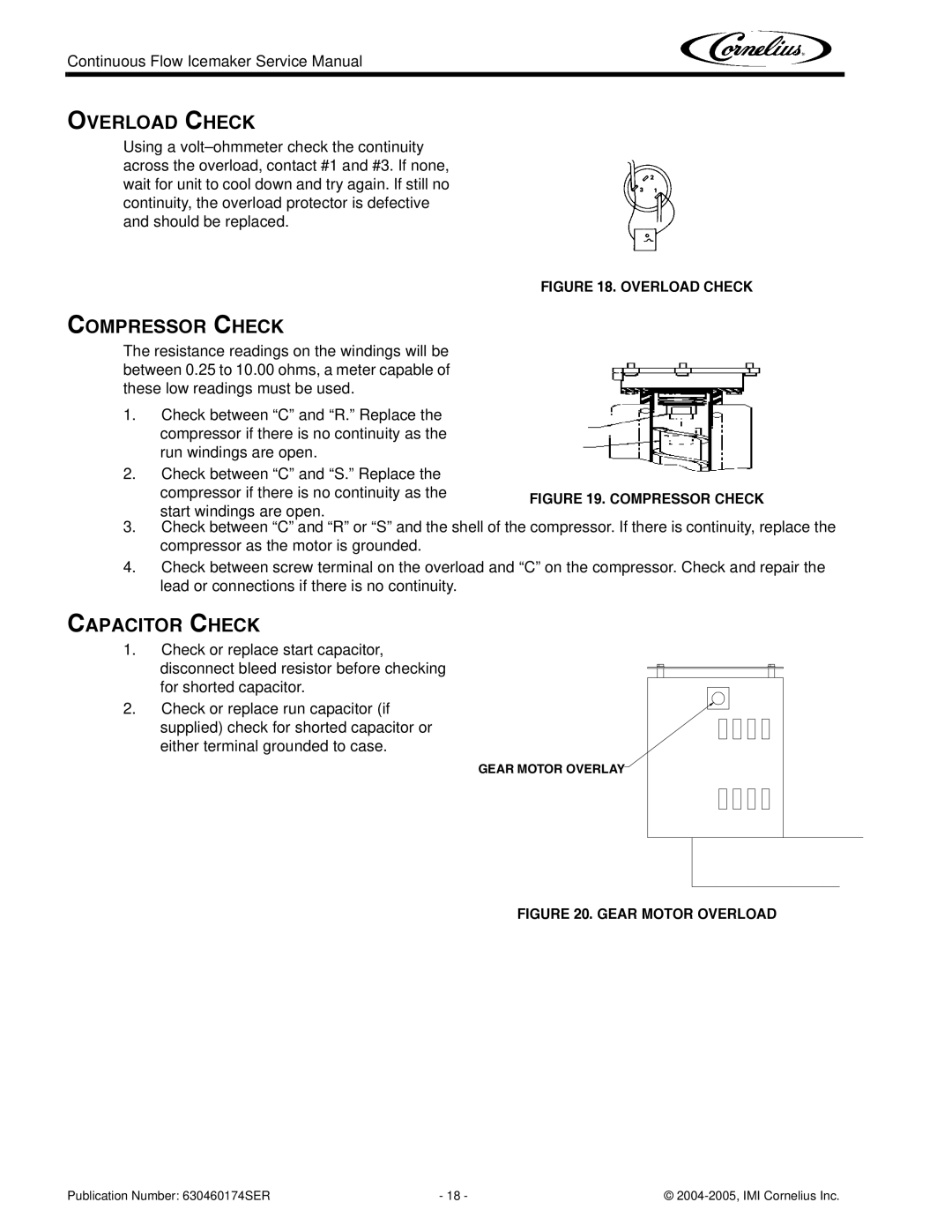 Cornelius 1000 service manual Overload Check, Compressor Check, Capacitor Check 