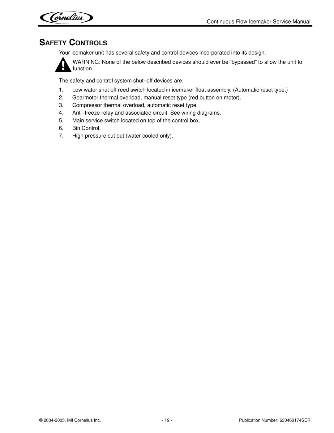 Cornelius 1000 service manual Safety Controls 