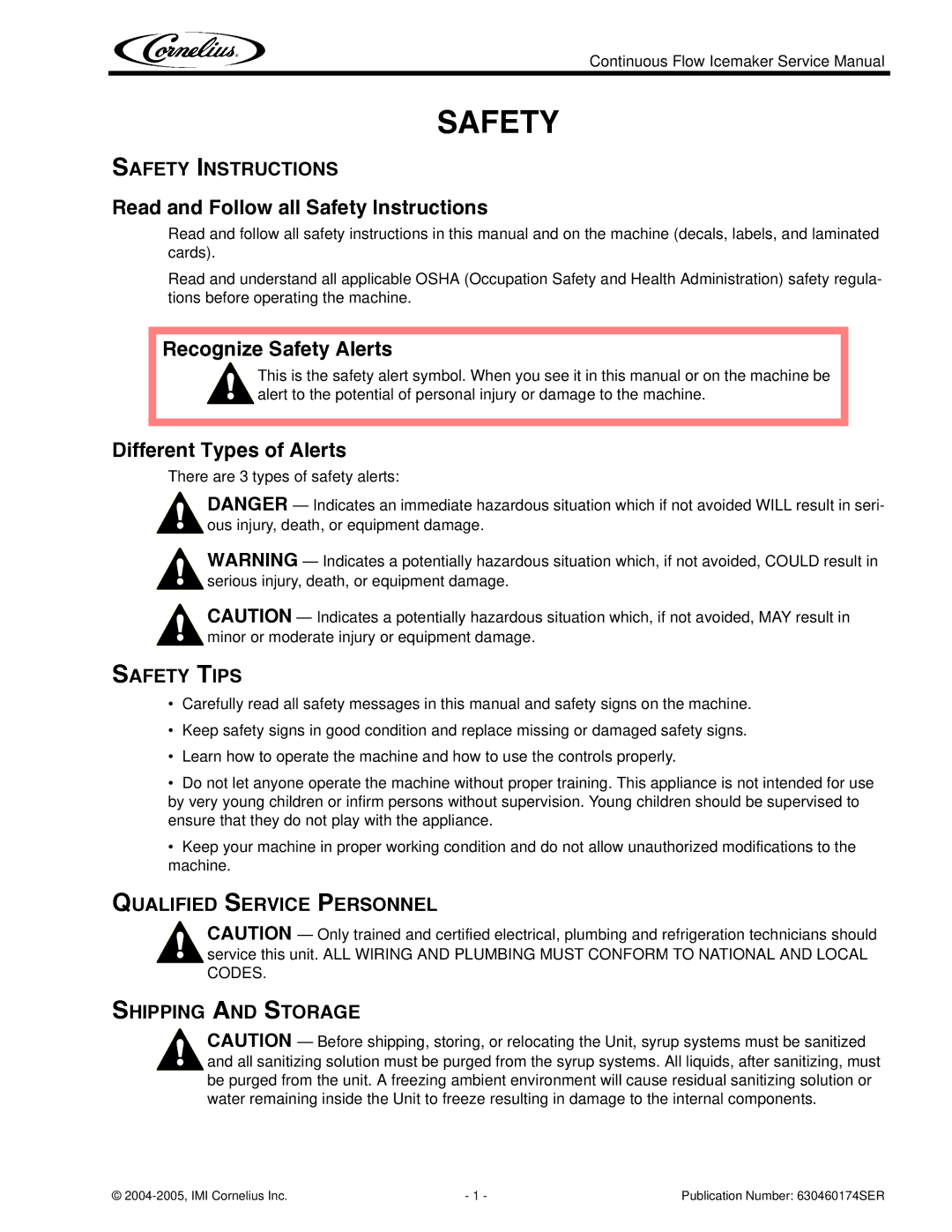 Cornelius 1000 service manual Safety Instructions, Safety Tips, Qualified Service Personnel Shipping and Storage 