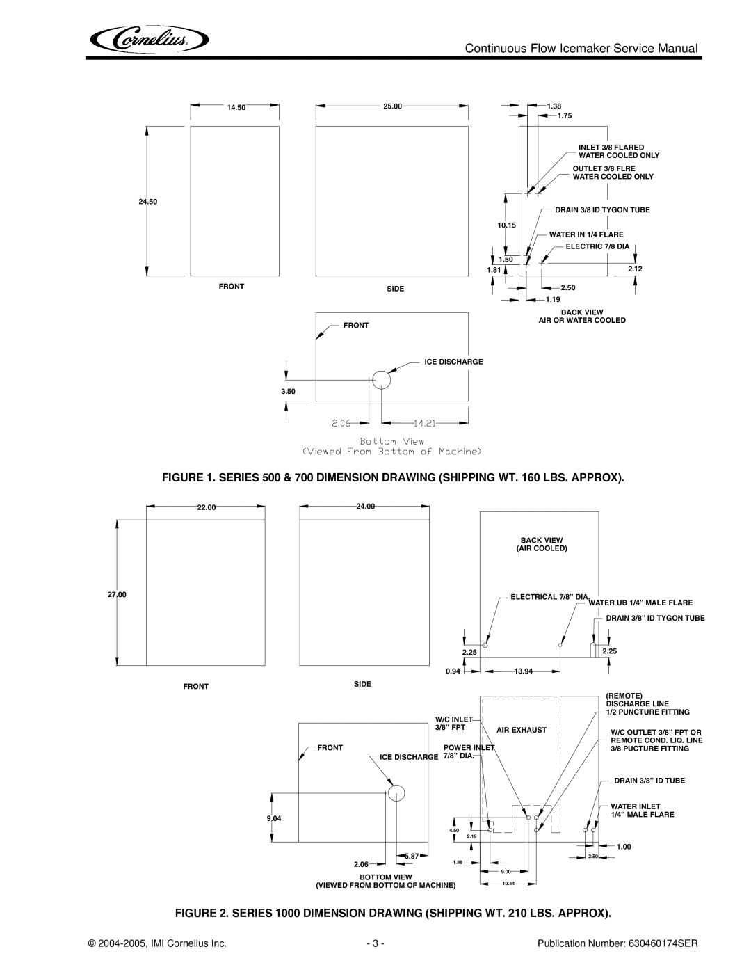 Cornelius 1000 service manual Series 500 & 700 Dimension Drawing Shipping WT LBS. Approx 