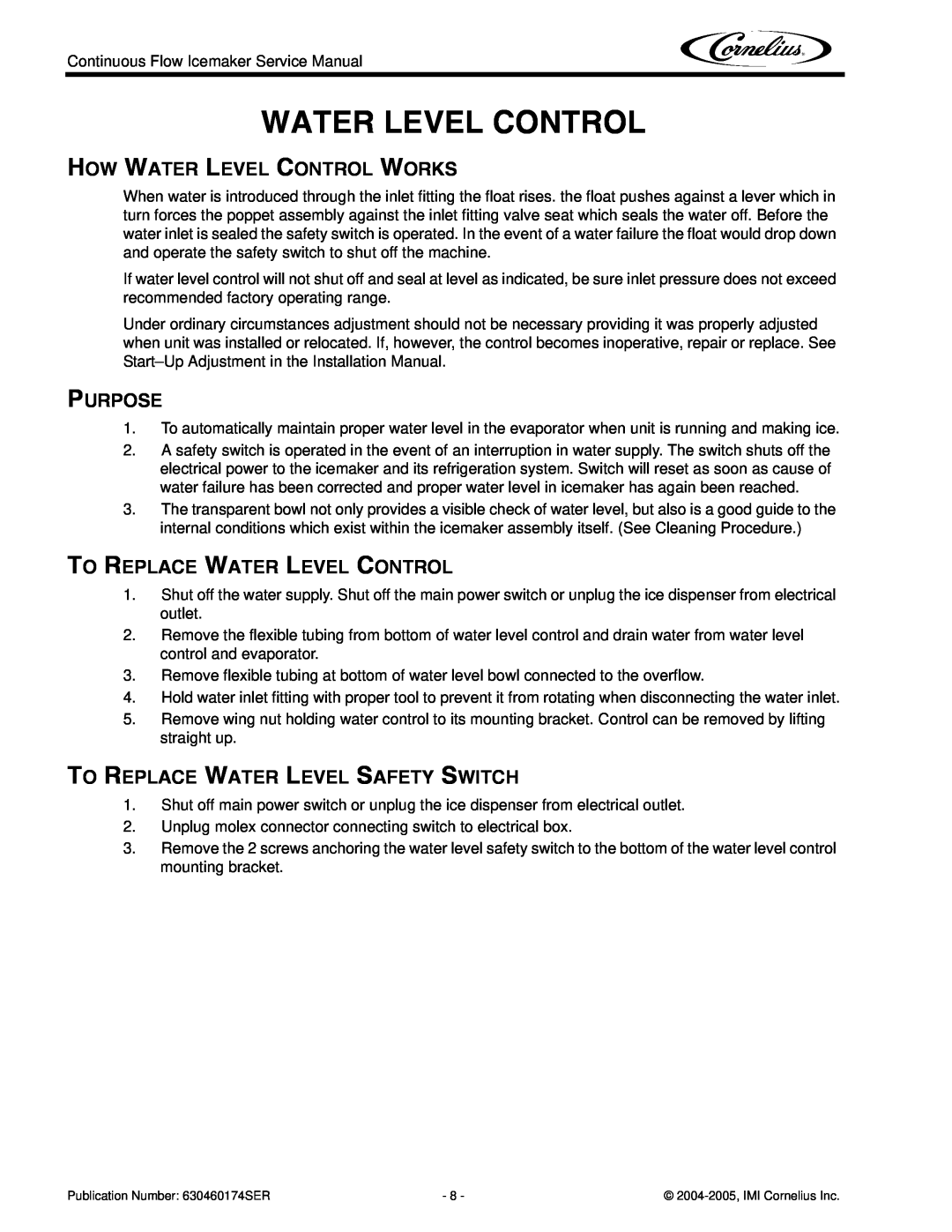 Cornelius 1000 service manual How Water Level Control Works, Purpose, To Replace Water Level Control 