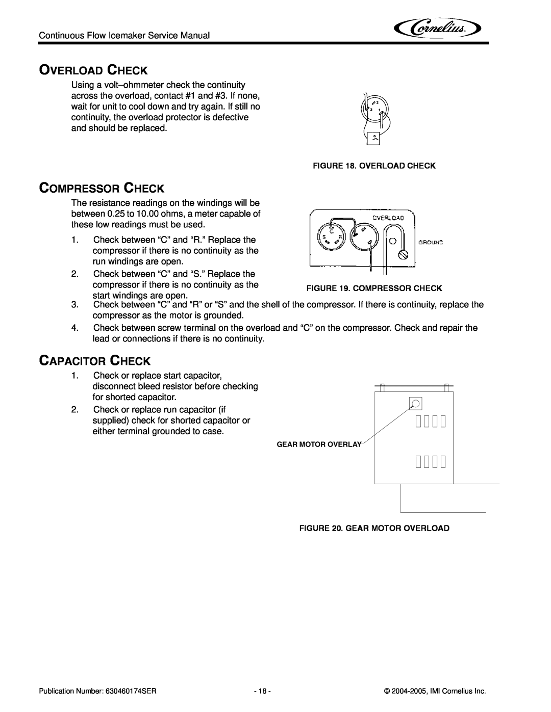 Cornelius 1000 service manual Overload Check, Compressor Check, Capacitor Check 