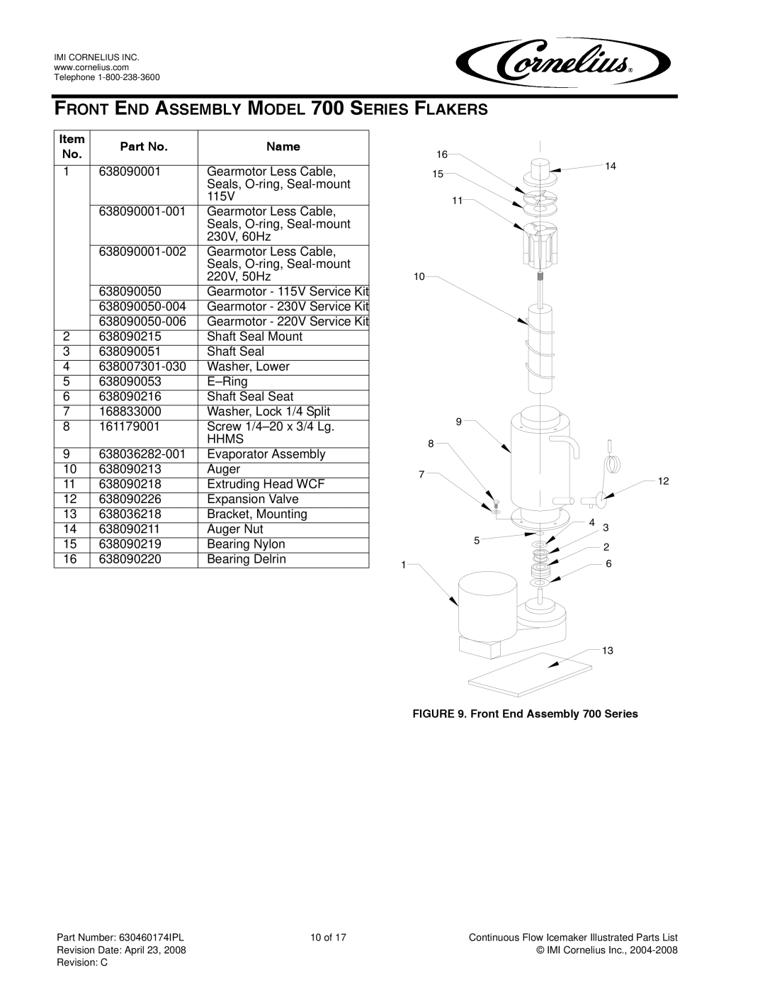 Cornelius 1400 manual Front END Assembly Model 700 Series Flakers, Front End Assembly 700 Series 