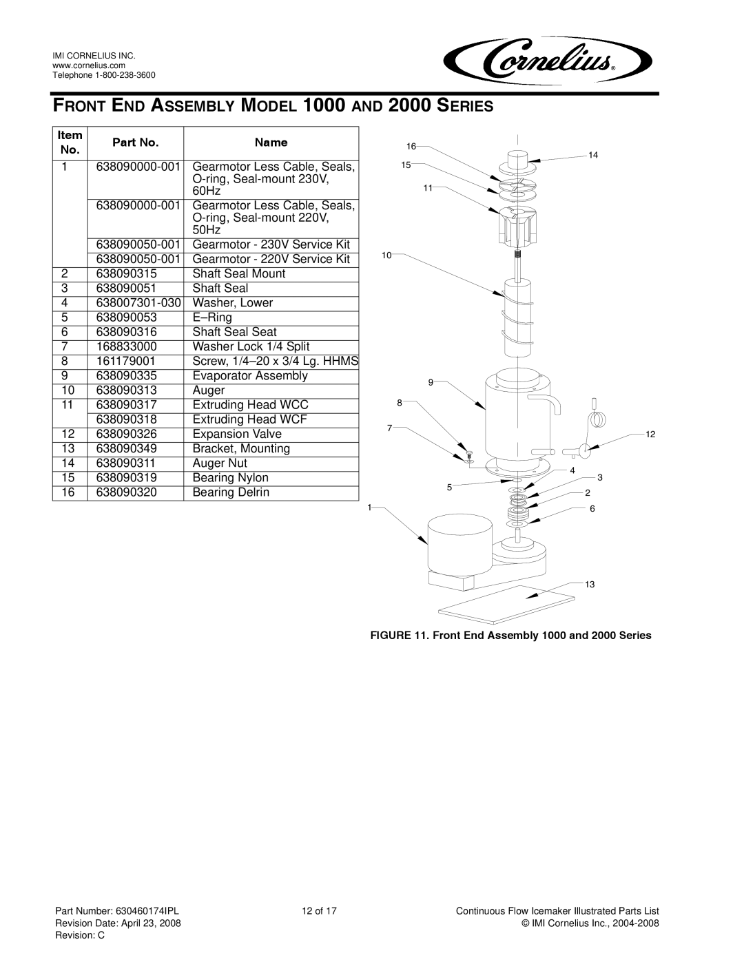 Cornelius 1400 manual Front END Assembly Model 1000 and 2000 Series, Front End Assembly 1000 and 2000 Series 