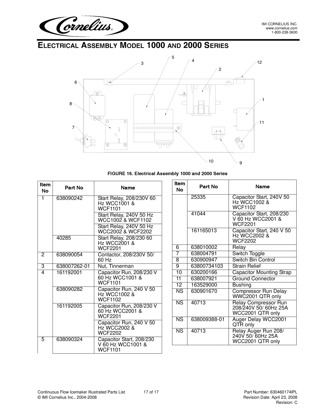 Cornelius 1400 manual Electrical Assembly Model 1000 and 2000 Series, Electrical Assembly 1000 and 2000 Series Name 