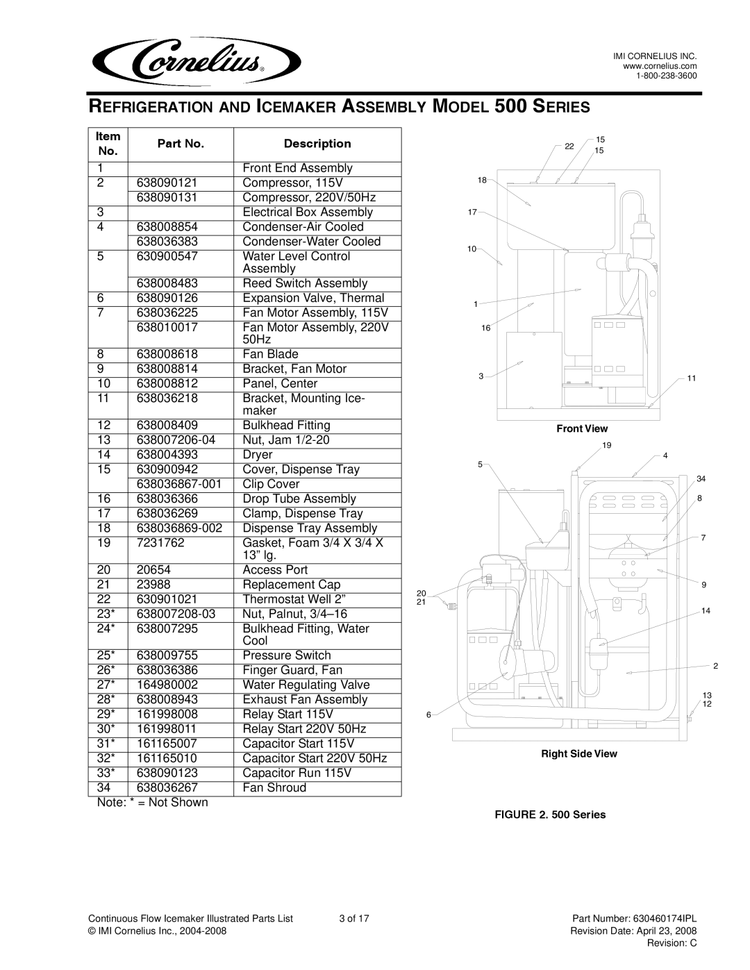 Cornelius 1400 manual Refrigeration and Icemaker Assembly Model 500 Series, Description 