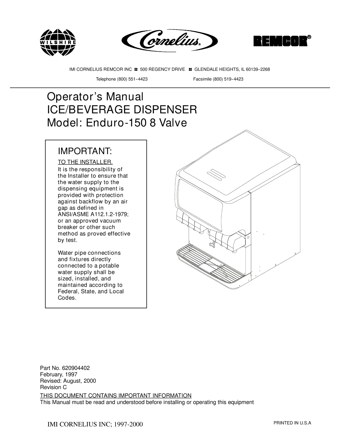 Cornelius 150 8 Valve manual ICE/BEVERAGE Dispenser 