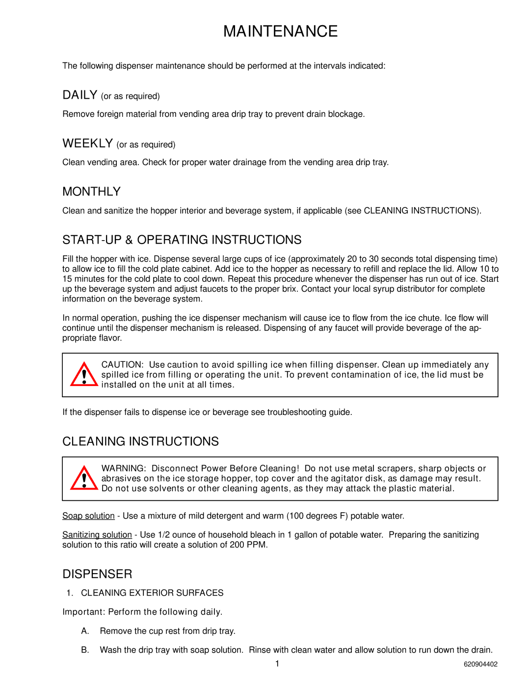 Cornelius 150 8 Valve manual Monthly, START-UP & Operating Instructions, Cleaning Instructions, Dispenser 