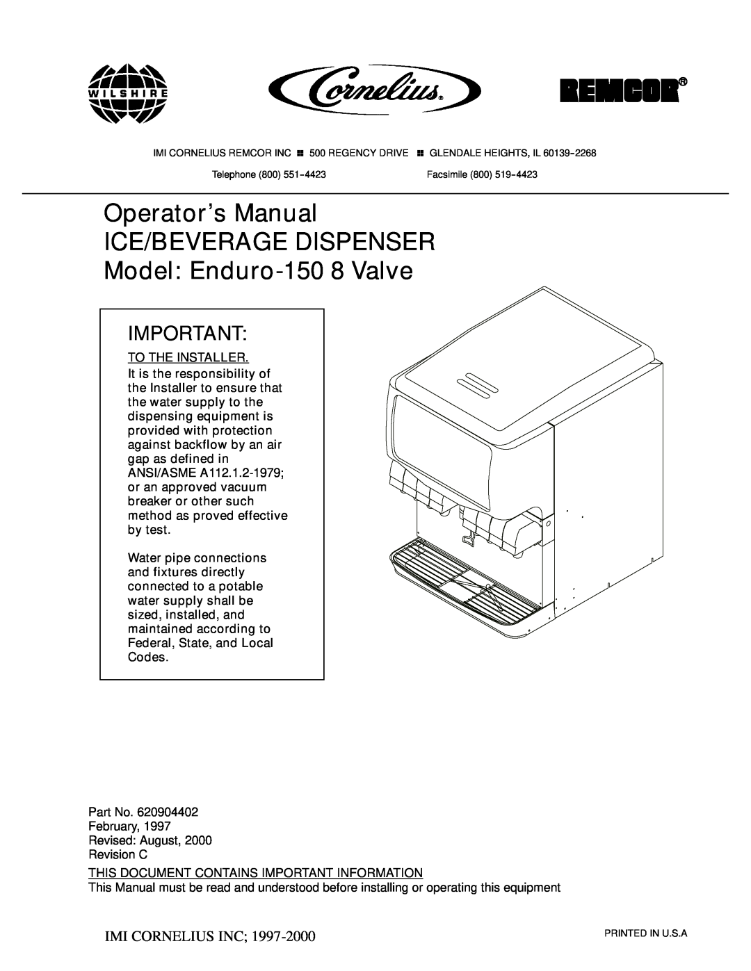 Cornelius manual Operator’s Manual ICE/BEVERAGE DISPENSER Model Enduro-150 8 Valve, Ó Imi Cornelius Inc 