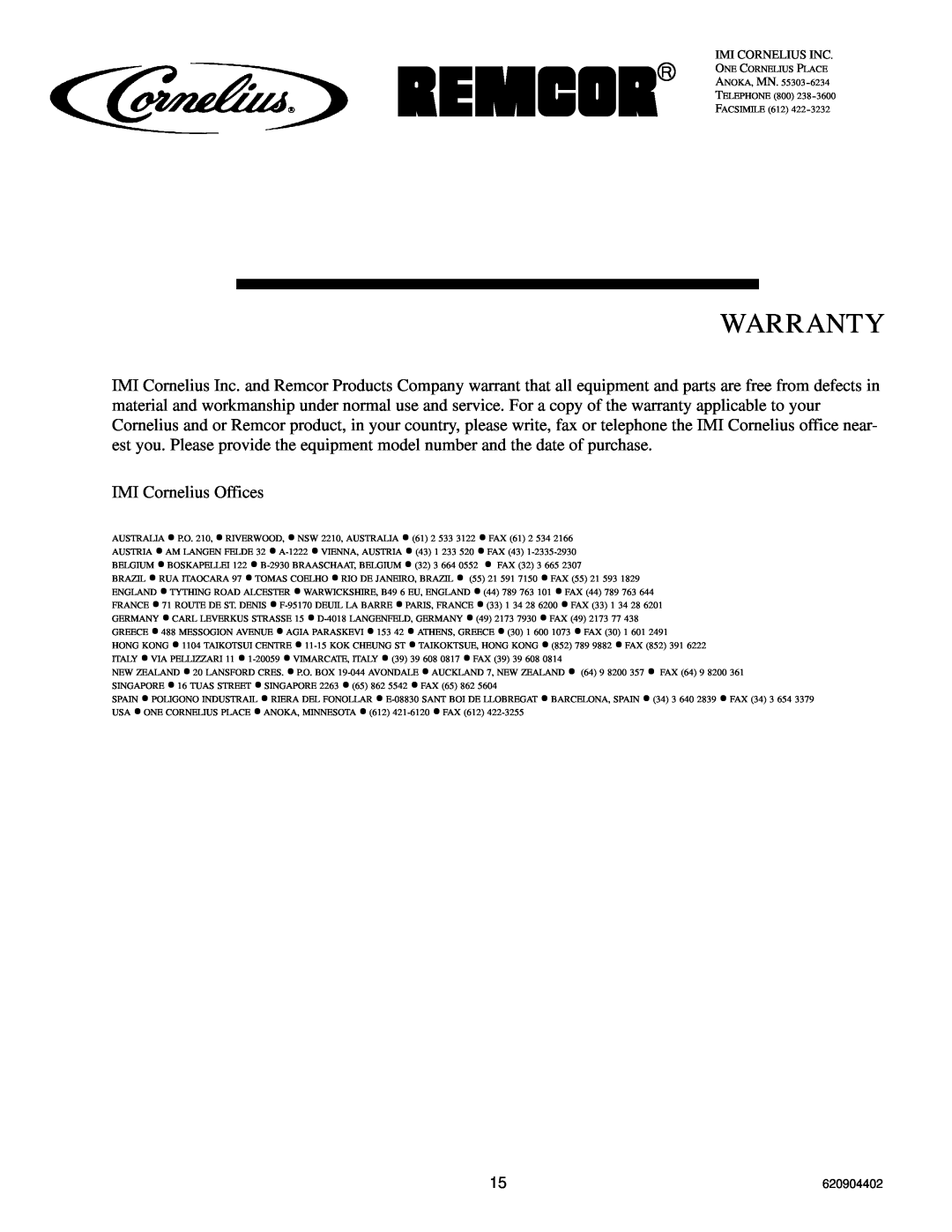 Cornelius 150 8 Valve manual Warranty, IMI Cornelius Offices, Imi Cornelius Inc 