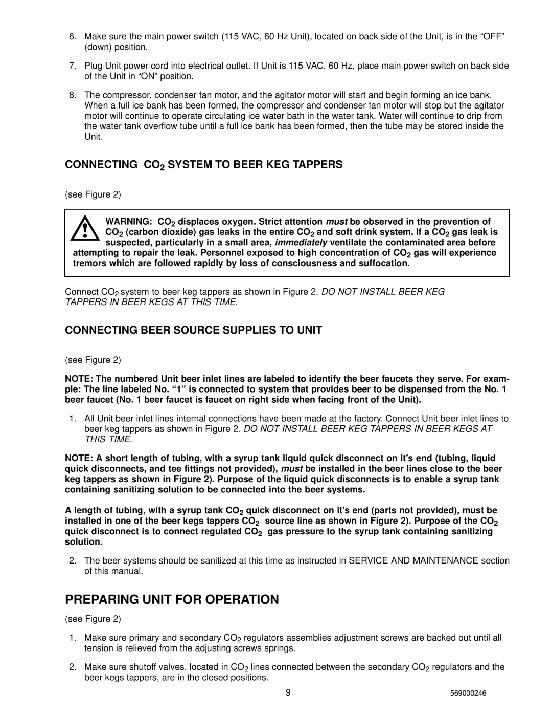 Cornelius 1550 installation manual Preparing Unit for Operation, Connecting CO2 System to Beer KEG Tappers 