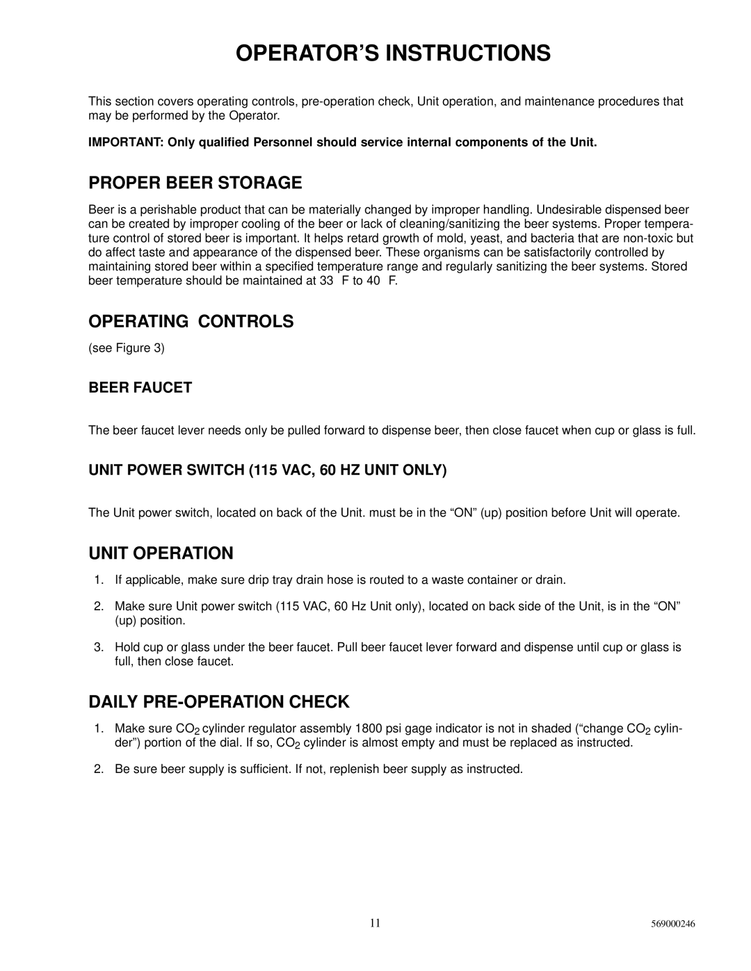 Cornelius 1550 OPERATOR’S Instructions, Proper Beer Storage, Operating Controls, Daily PRE-OPERATION Check 