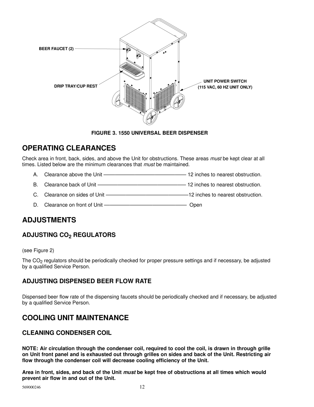 Cornelius 1550 installation manual Operating Clearances, Adjustments, Cooling Unit Maintenance 