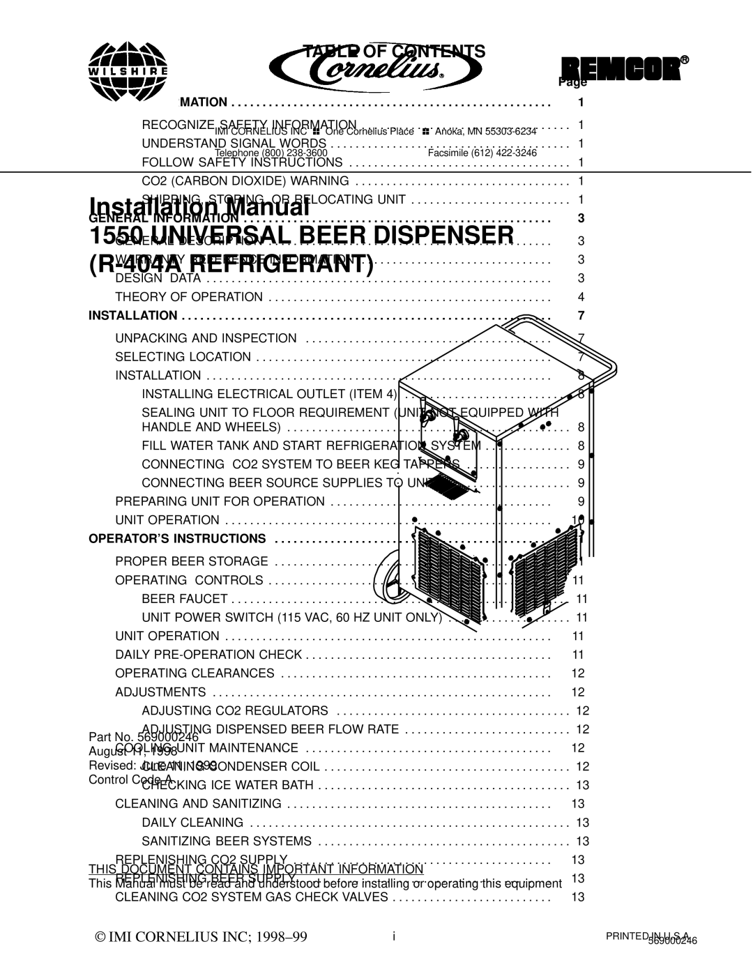 Cornelius 1550 installation manual Table of Contents 