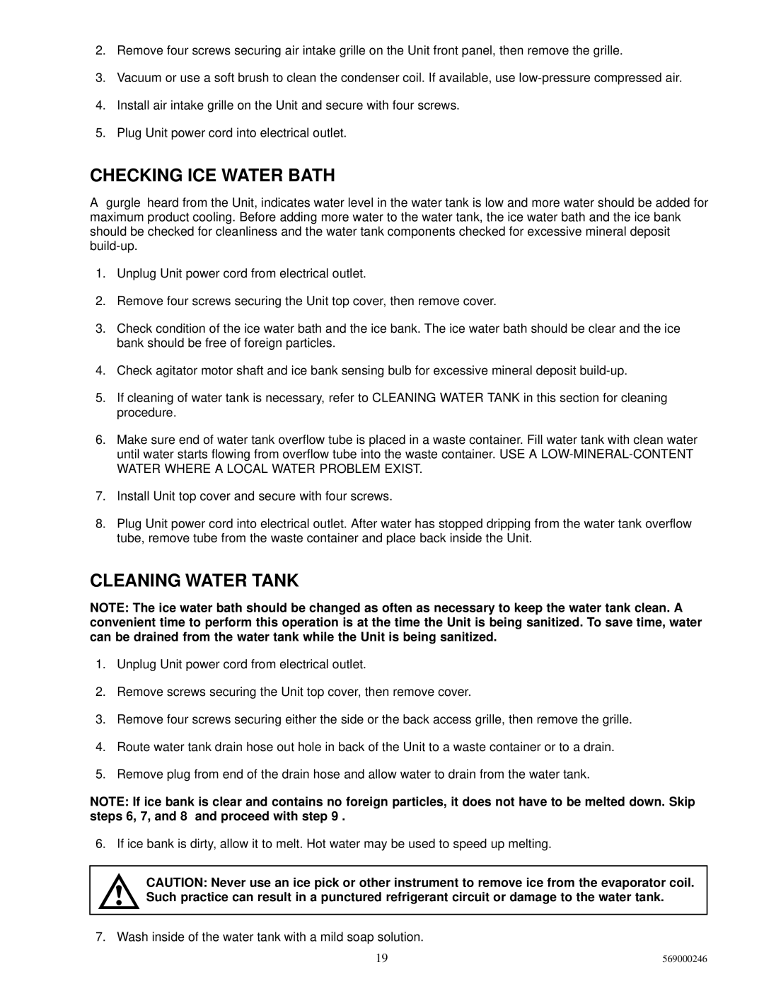 Cornelius 1550 installation manual Checking ICE Water Bath, Cleaning Water Tank 