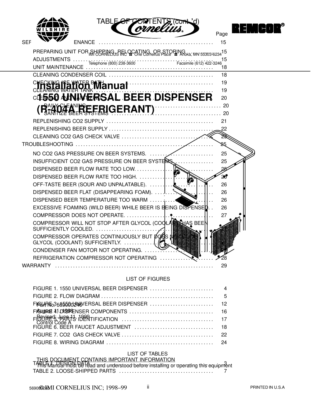 Cornelius 1550 installation manual Table of Contents cont’d 