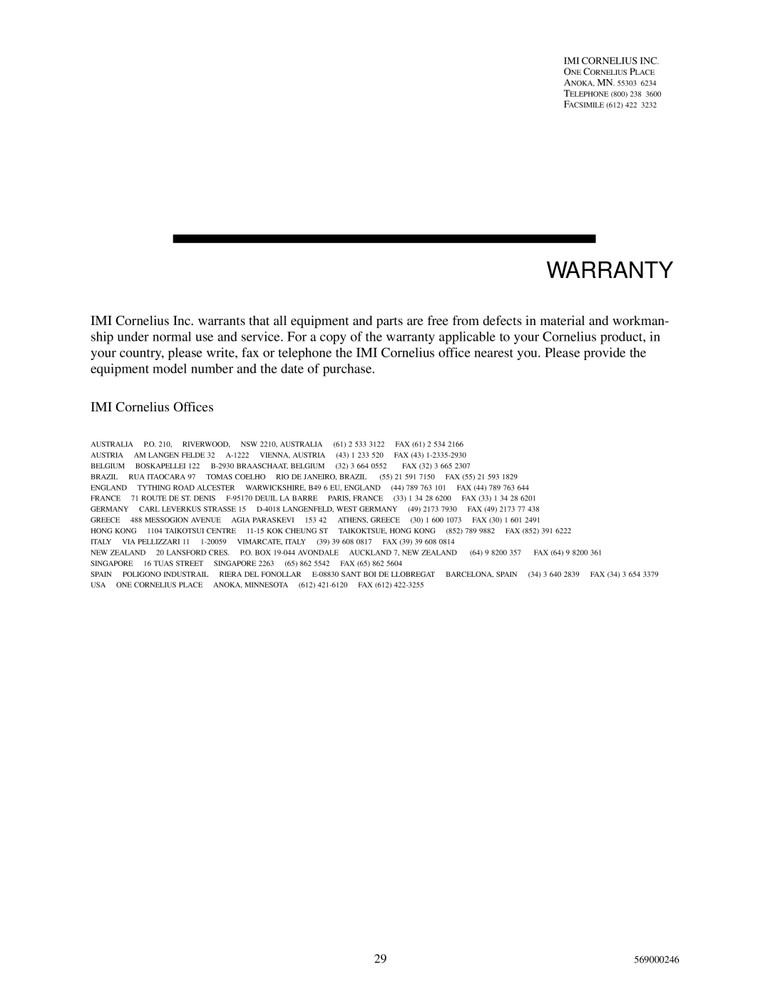 Cornelius 1550 installation manual Warranty 