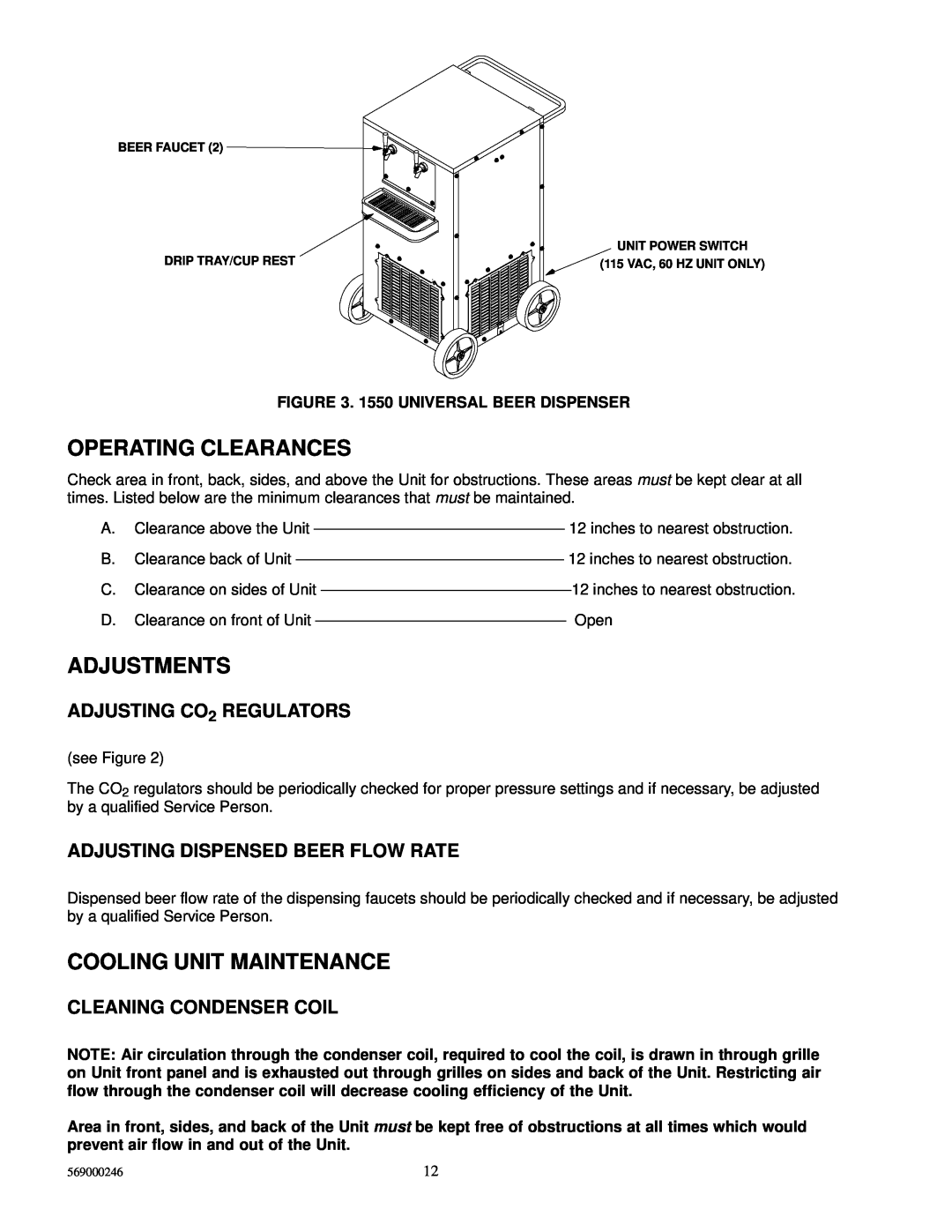 Cornelius 1550 installation manual Operating Clearances, Adjustments, Cooling Unit Maintenance, ADJUSTING CO2 REGULATORS 