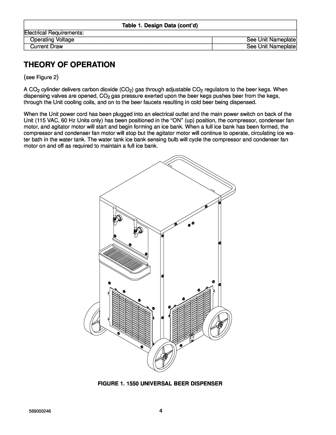 Cornelius installation manual Theory Of Operation, Design Data cont’d, 1550 UNIVERSAL BEER DISPENSER 
