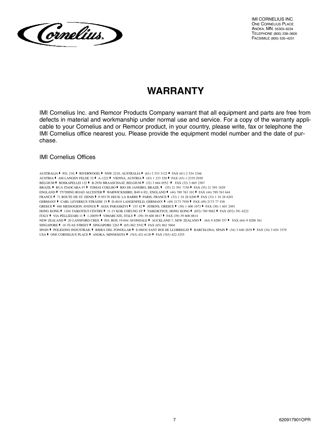 Cornelius 175 8 Valve manual Warranty, Greece D 