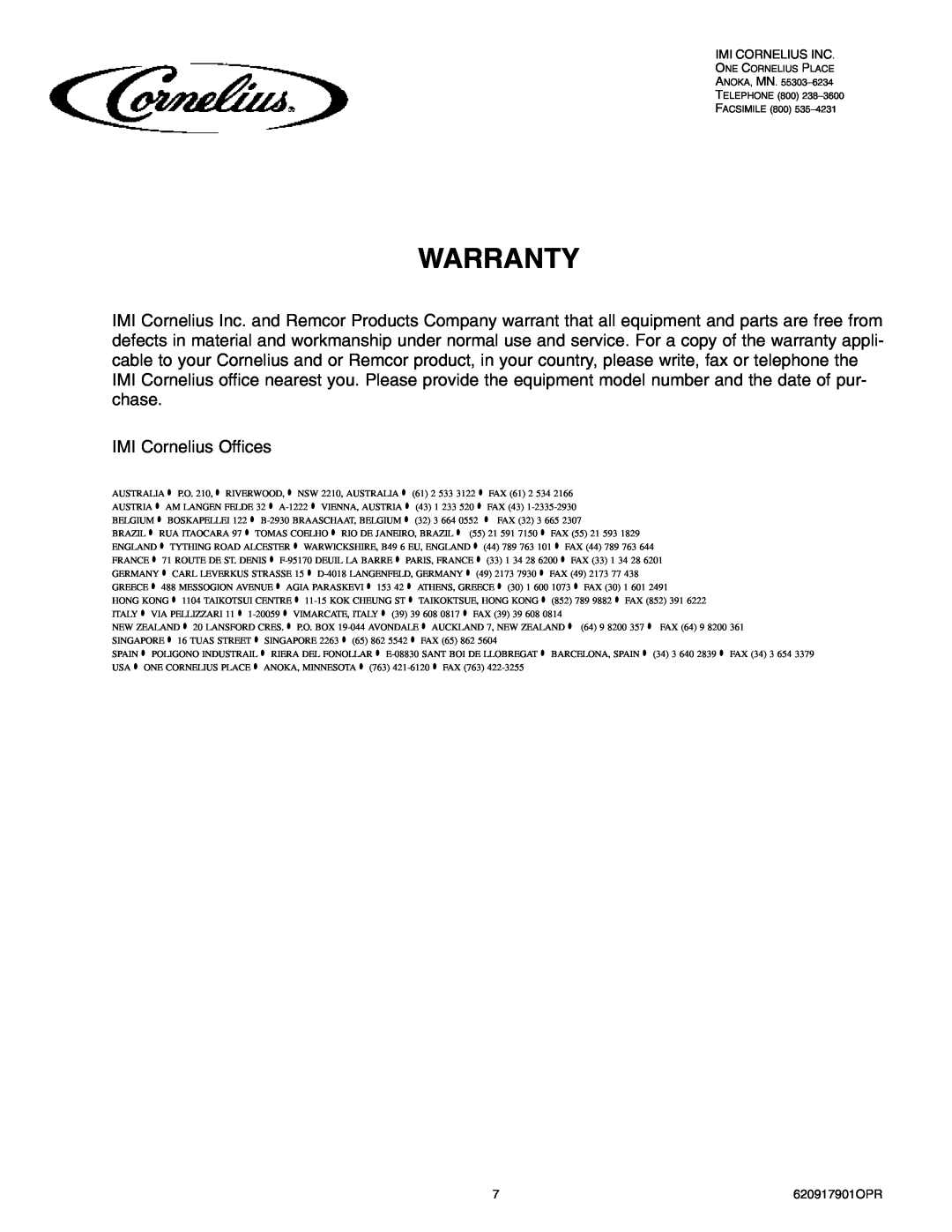 Cornelius 175 8 Valve manual Warranty, IMI Cornelius Offices, Imi Cornelius Inc, 620917901OPR 