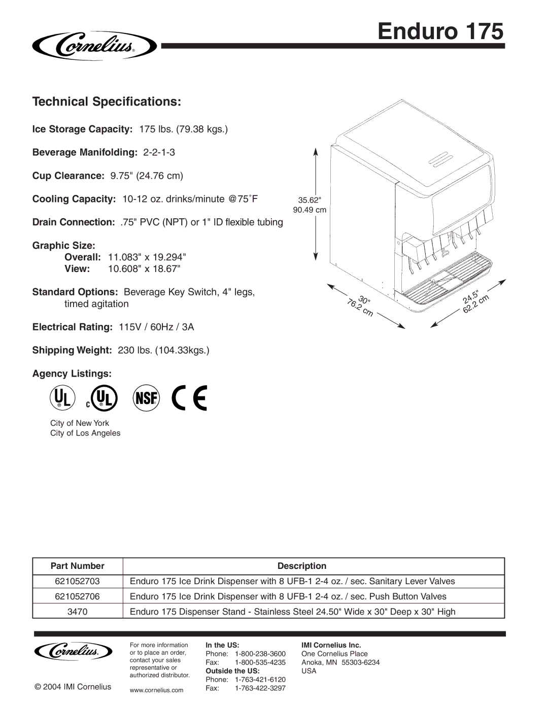 Cornelius 175 manual Technical Specifications, Nsf 